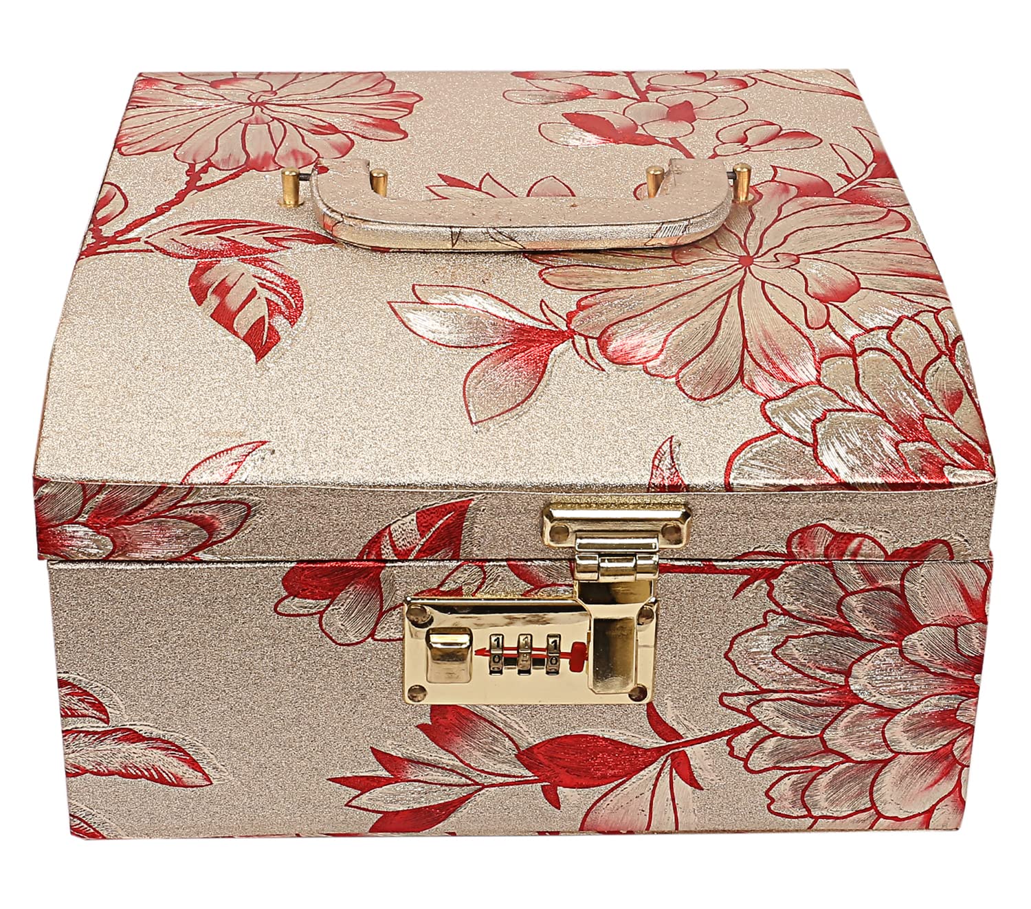 Kuber Industries Circle Design Wooden Jewellery Organizer/Makeup Box/Cosmetic Box/Vanity Case With 2 Bangle Rod, Mirror & Number Lock System (Gold)-47KM0542