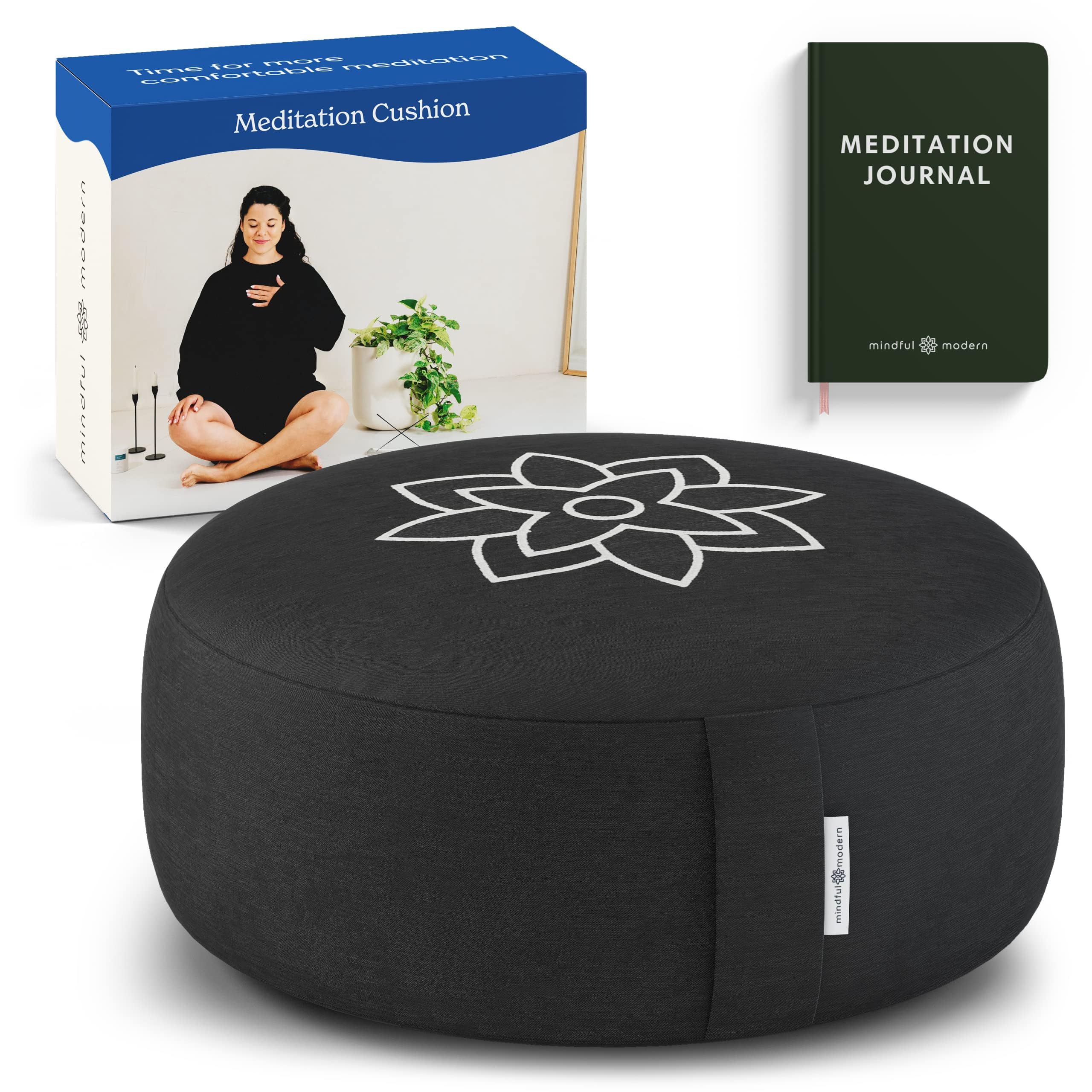 Mindful & Modern Large Meditation Cushion for Zafu Yoga - Meditation Pillow for Sitting on the Floor - Buckwheat Hull Filled Yoga Cushion with Removable, Washable 100% Cotton Cover and Carry Handle