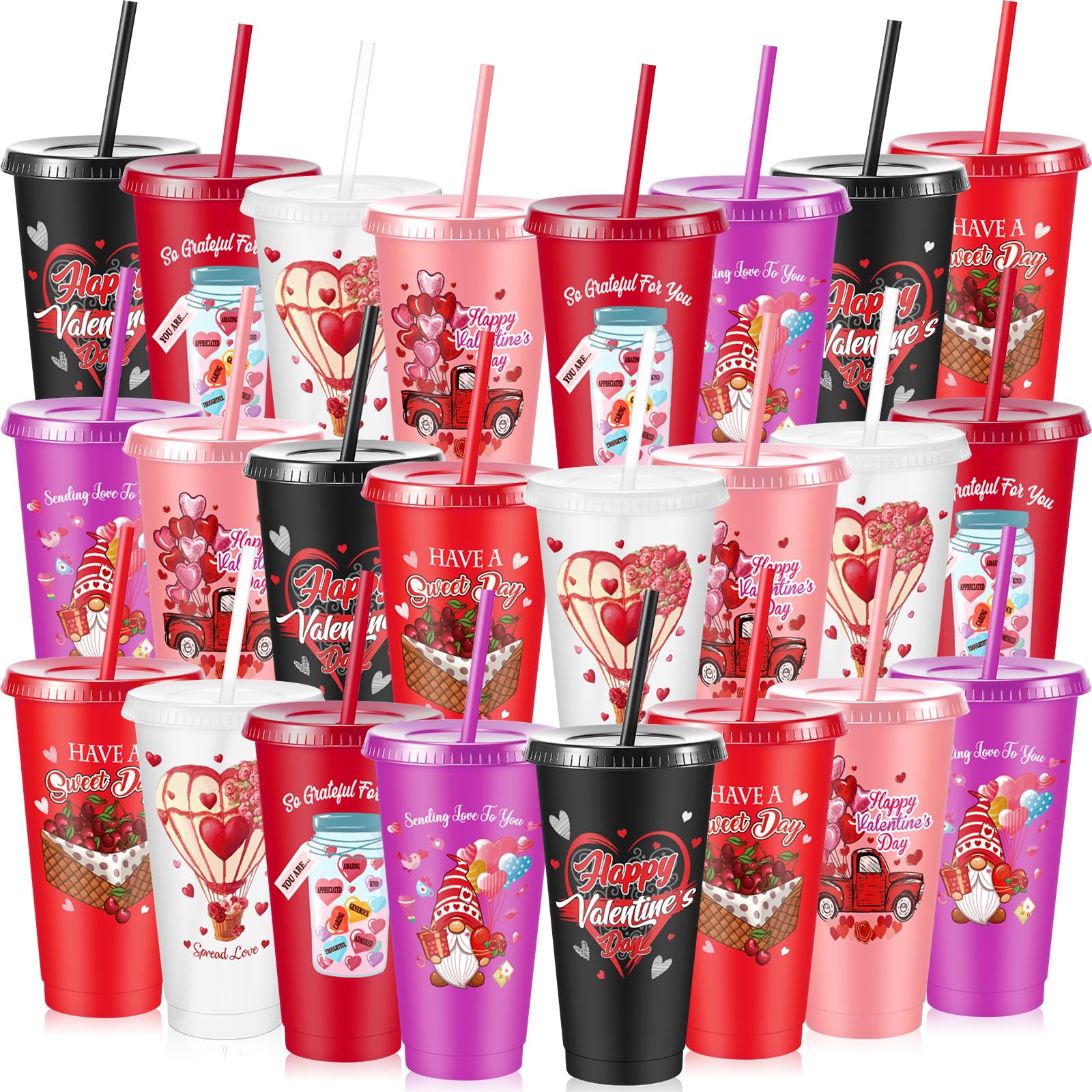 Uiifan Lot de 24 gobelets en plastique réutilisables avec couvercle et paille pour la Saint-Valentin avec couvercle et paille - 710 ml (tendance)