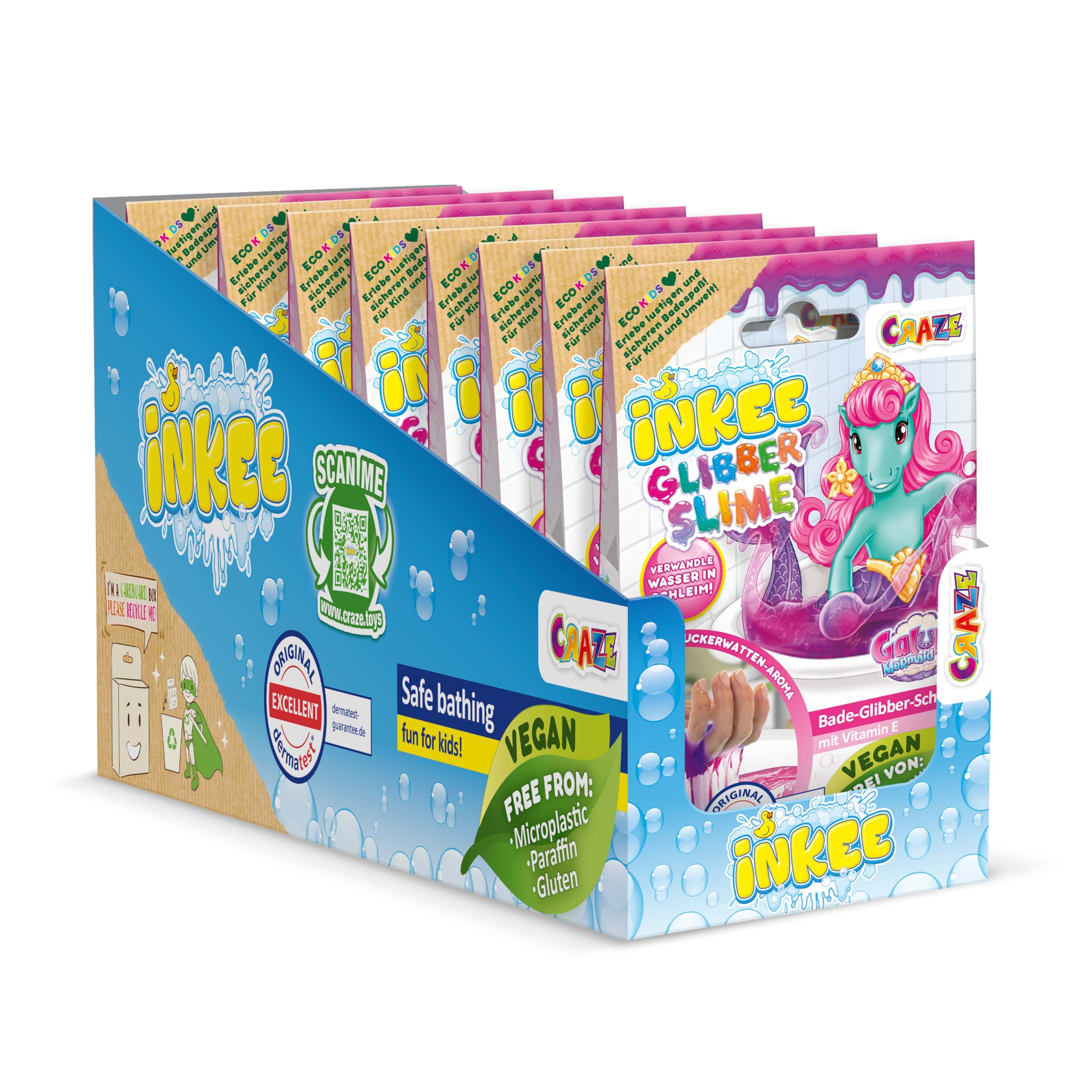 INKEE Bath Slime Galupy Mermaid 8er Pack | Badeschleim für Kinder komplettes Verkaufsdisplay, neon-pinkes Schleimpulver mit Zuckerwatte-Aroma, 8X 100g, Badezusatz Kinder