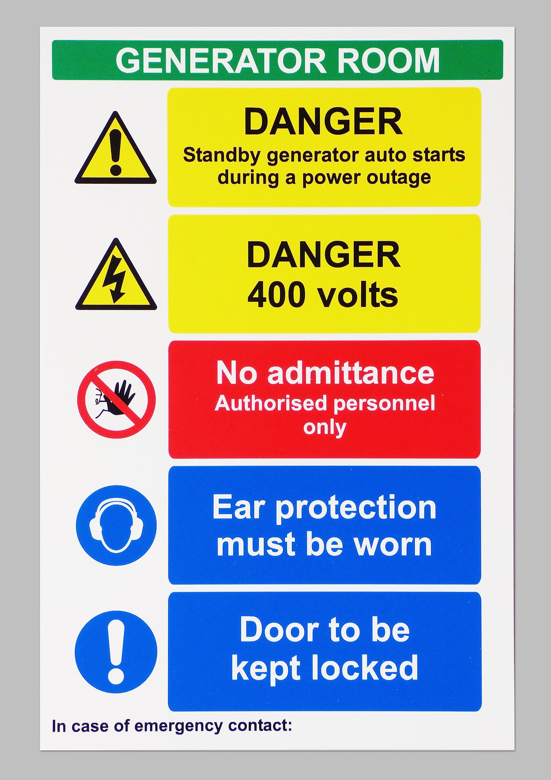 Danger generator room standby generator auto starts during a power outage danger 400 volts safety sign - Self adhesive sticker (300mm x 200mm)