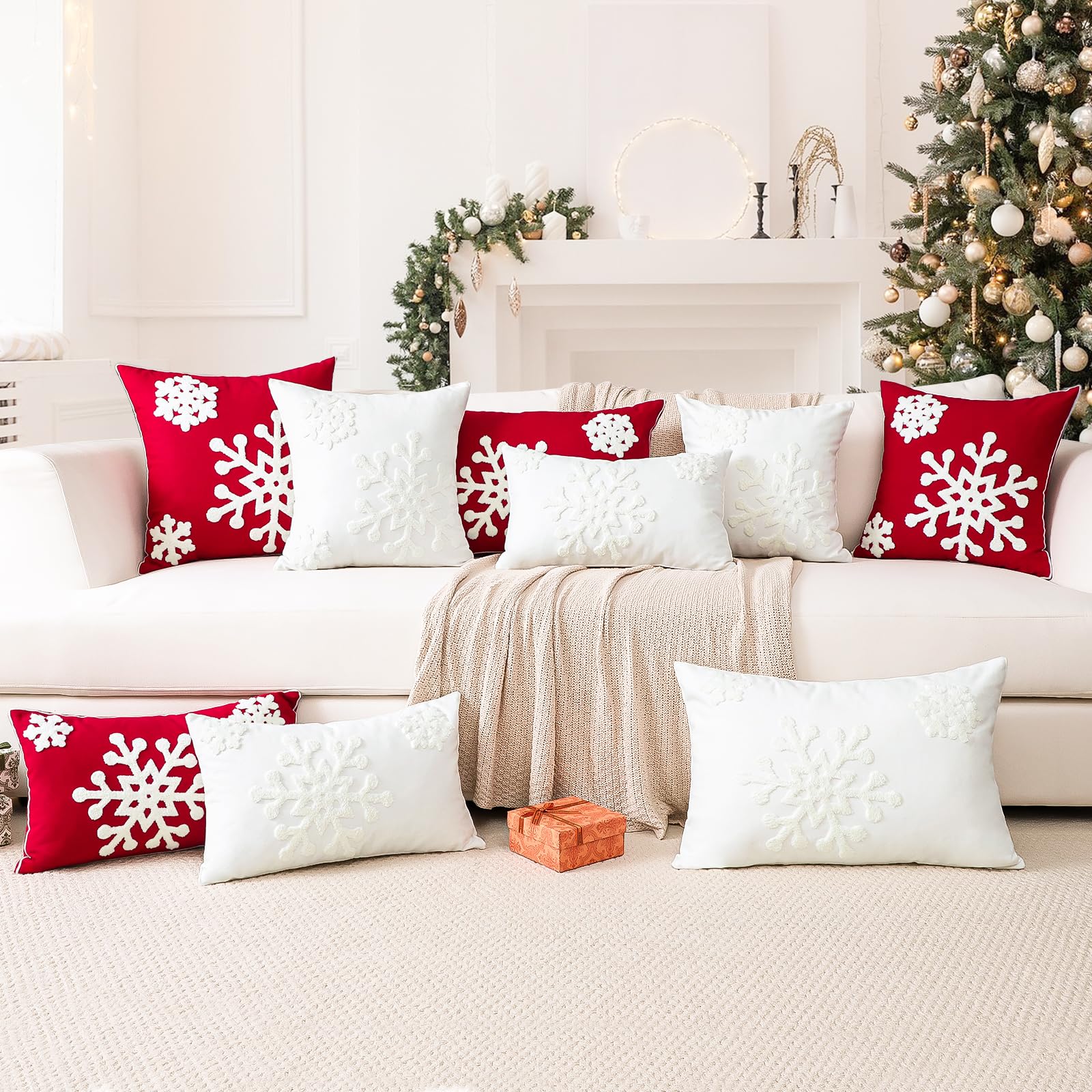 OTOSTAR Confezione da 2 federe decorative natalizie con fiocco di neve, 40,6 x 61 cm, morbide, decorative, per divano, camera da letto, auto (bianco crema)