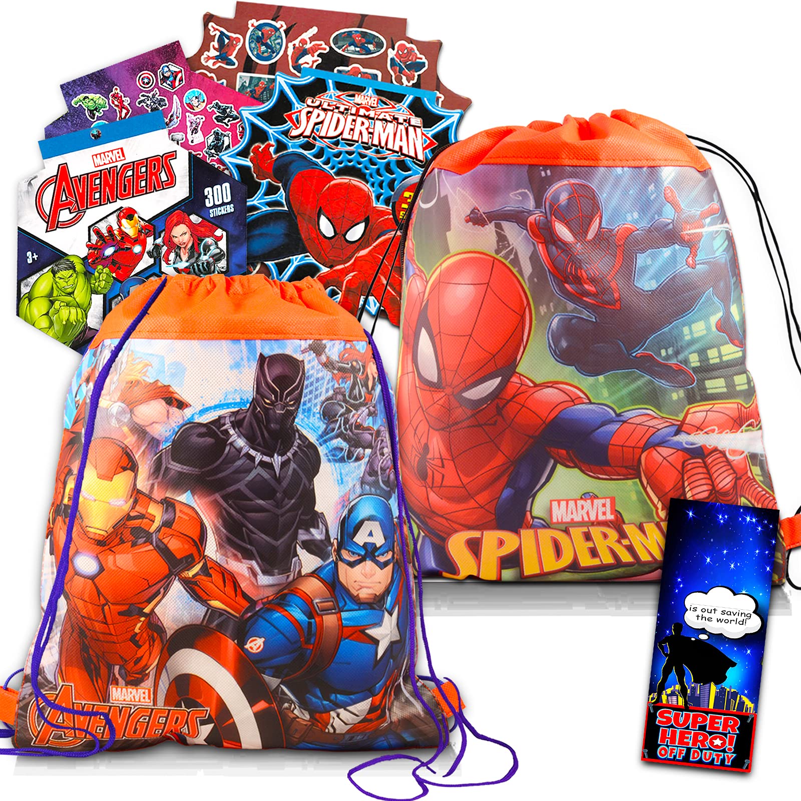 Avengers Drawstring & Tote Set - 5 Pc Bundle of Avengers & Spiderman Travel Bags for Kids, Stickers, and More (Superhero Sling Bag Totes)