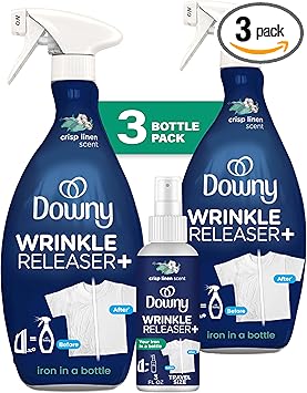 Downy Wrinkle Releaser Spray | All In One Wrinkle Release Spray, Odor Eliminator, Static Remover | Fabric Refresher & Ironing Aid for Clothes | 16.9 Fl Oz (Pack of 2) & 3 FL Oz, Crisp Linen Scent