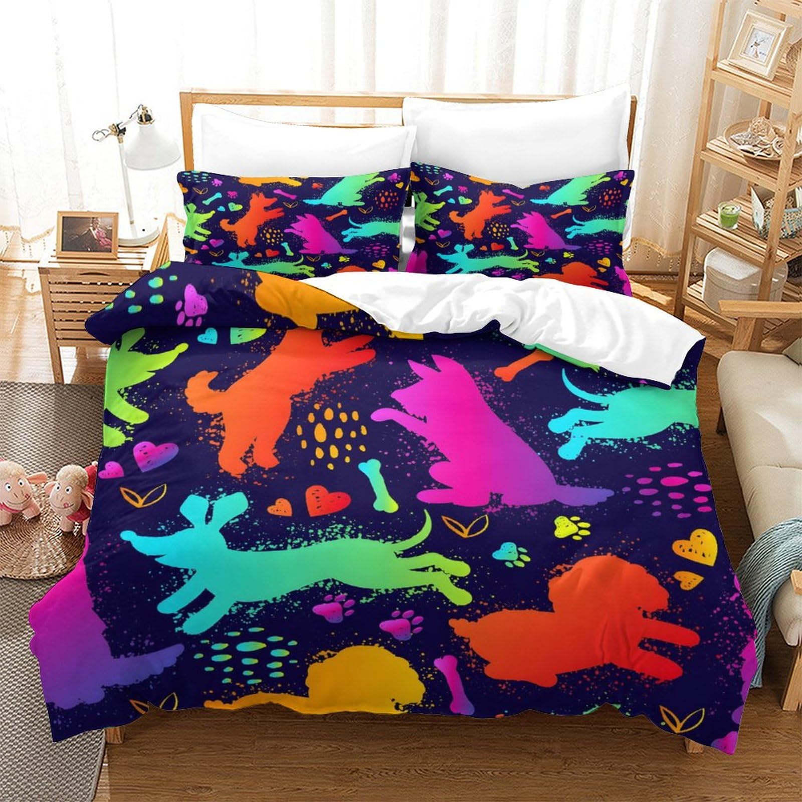 GDEKCIEAS Neon Cute Dogs Funny Puppies Teens Bedding Set, 3Pcs Duvet Cover with Decorative Quilt Design, Ultra Soft Comforter Cover for Boys And Girls Super King（260x220cm）