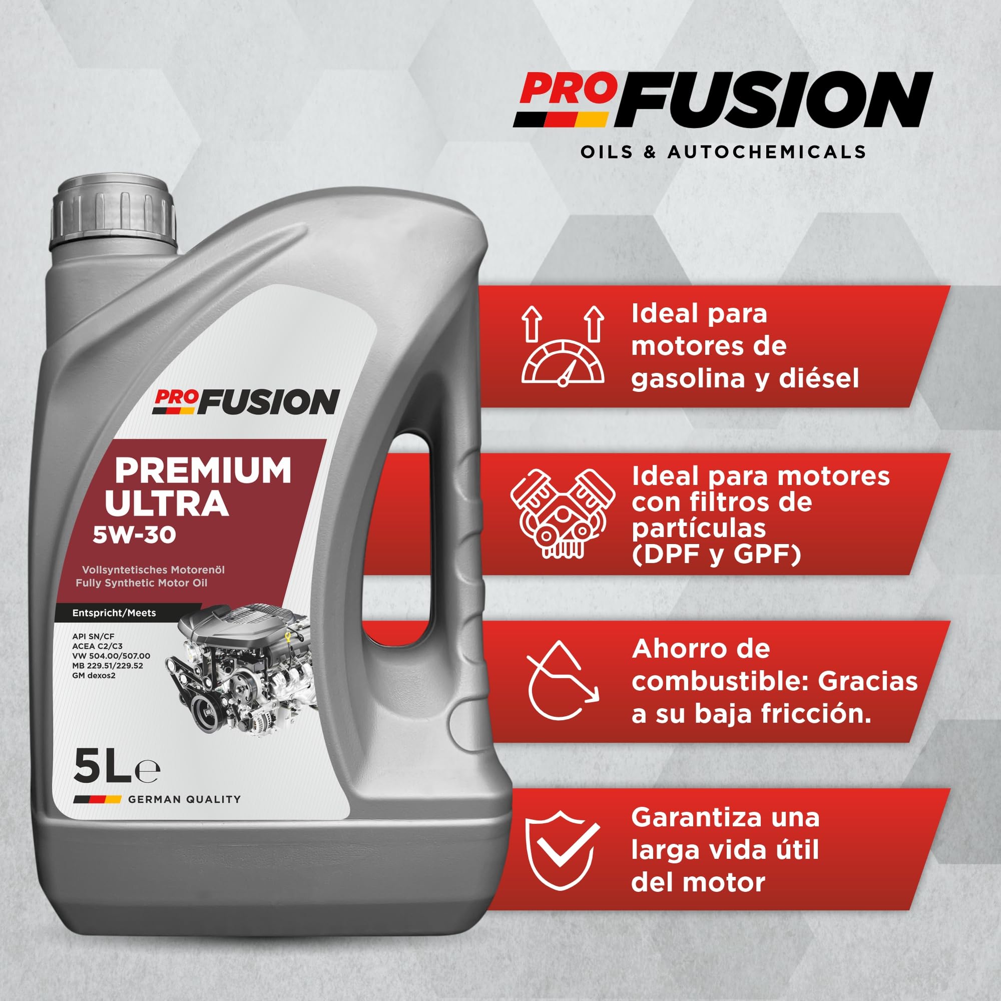 ProFusion Aceite 5W-30 para Motores Gasolina y Diésel - Lubricante Sintético para Coche Premium Ultra ACEA C3 Compatible con Filtros de Partículas (DPF) Pack de 2 x 5L (10 Litros en Total)