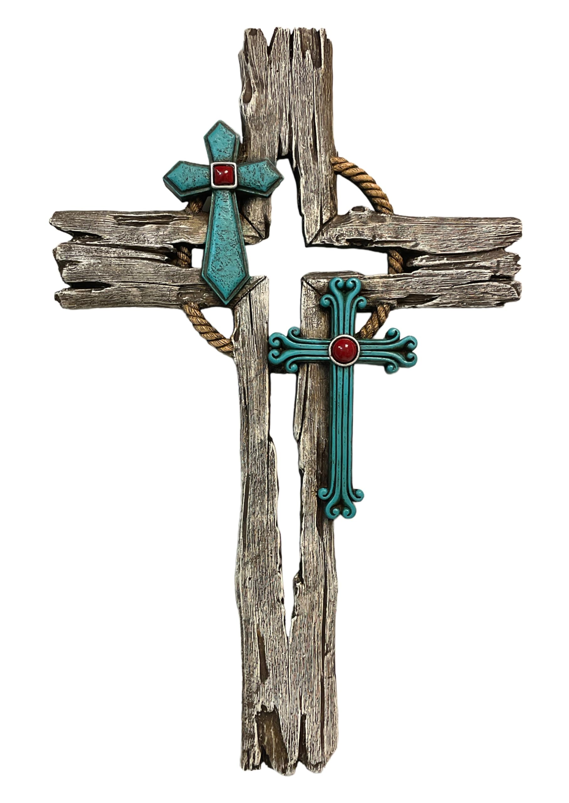 De Leon Collections 14231 Layered Cross Cutout Distressed Wood Look Turquoise and Brown 15 Inch Polyresin Southwestern Rustic Decorative Home Décor Hanging Sculpture Wall Cross