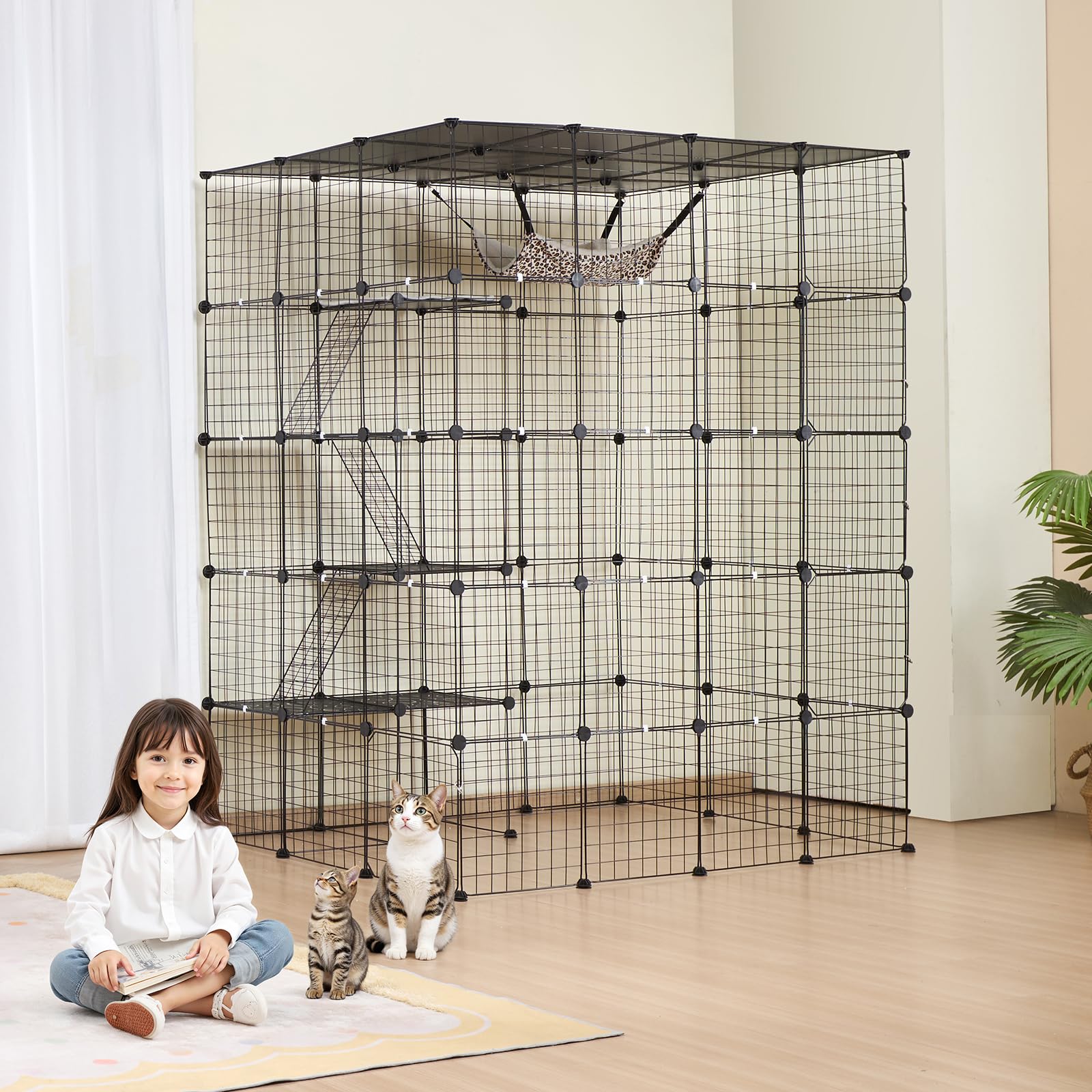 VEVOR Cage Chat 4 Niveaux, Enclos Chats Fil Métallique Modulable Amovible, 5 Portes, Échelles, Hamac, 1371x1041x1754 mm
