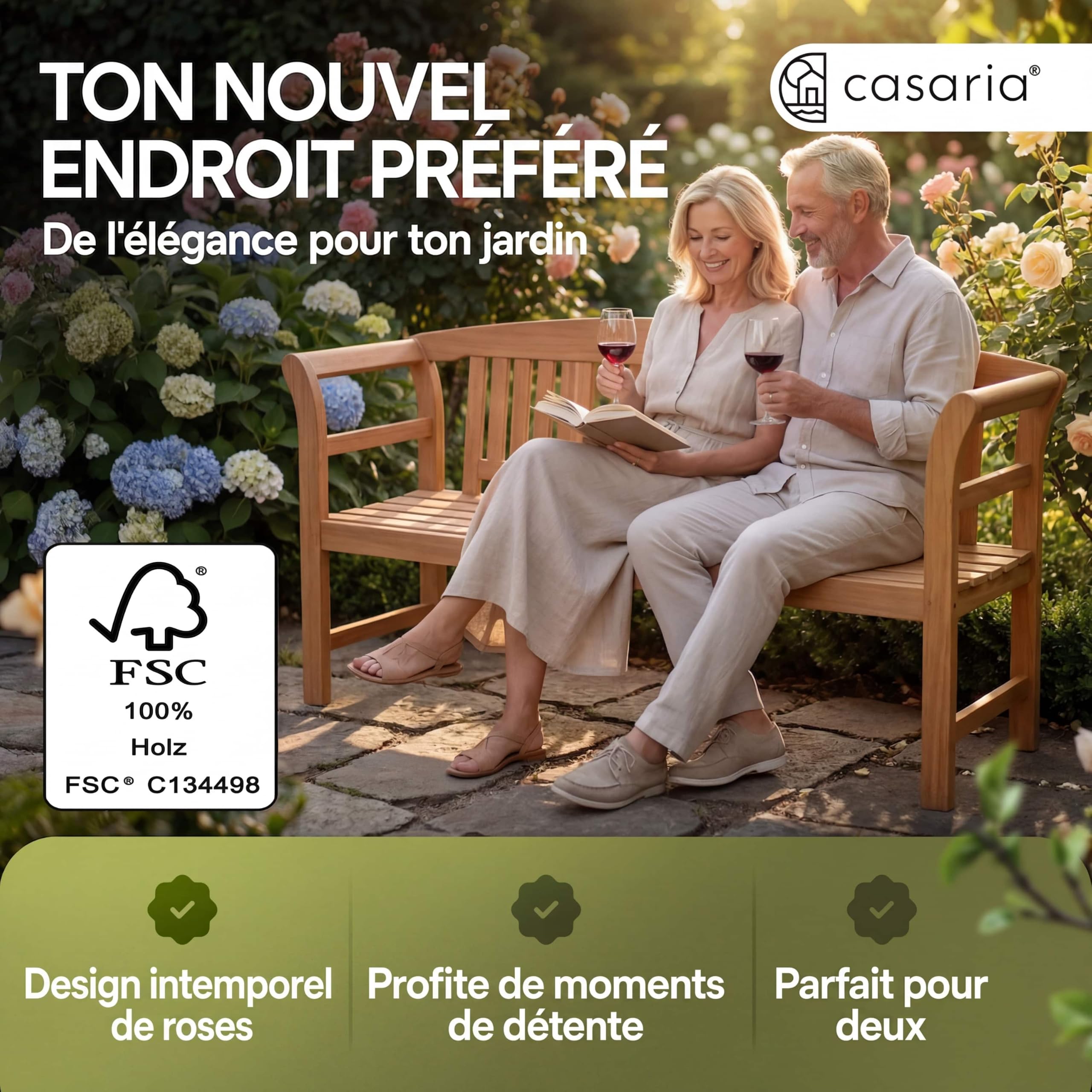 Casaria Banc de Jardin en Bois d'Eucalyptus Certifié FSC - Gravure de Rose
