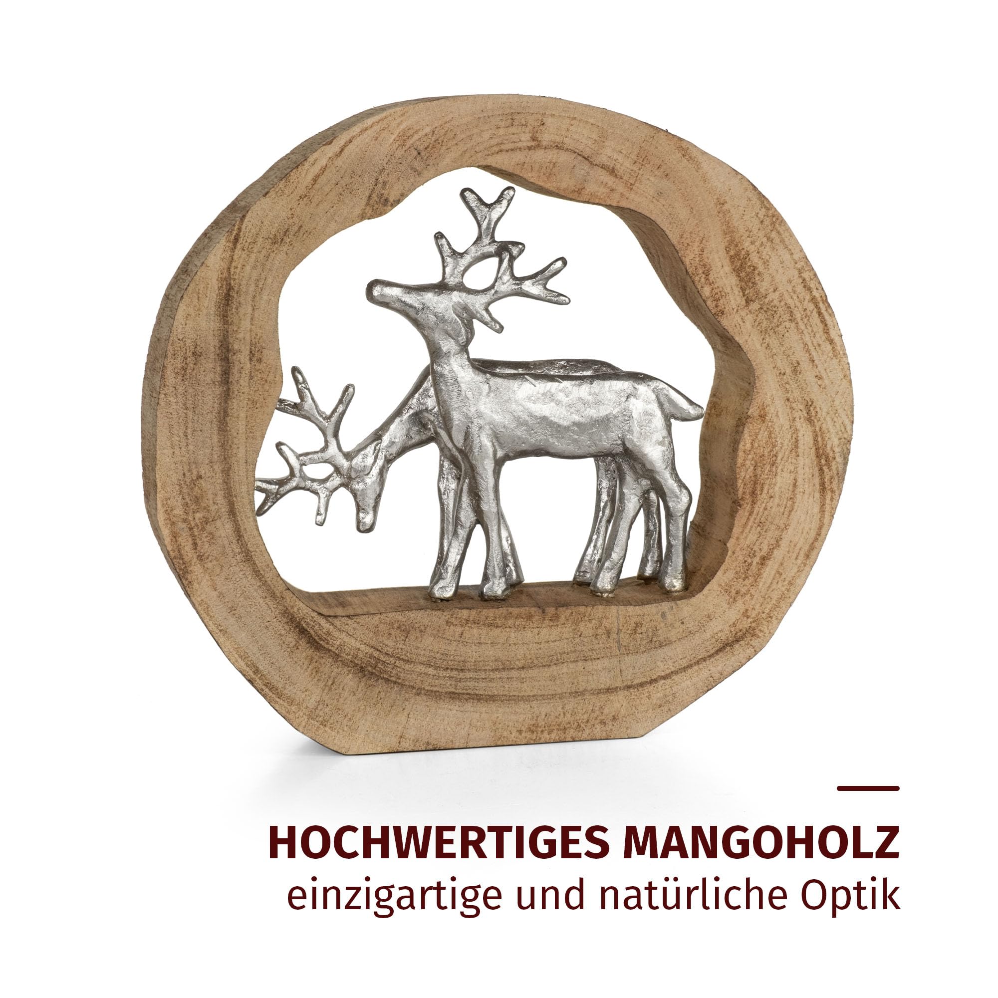 Moritz Dekofigur Rentiere im Holzring aus Mangoholz und Aluminium 27,5 cm Moderne Holzskulptur mit Zwei Rentieren für Tisch Kommode oder Fensterbank Handarbeit Unikat im natürlichen Design