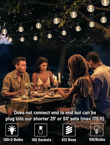 Miniatura 38 de Tira de luces blancas de 25 pies para exteriores con 27 bombillas transparentes, tira de luces G40 para patio interior y exterior, luces colgantes