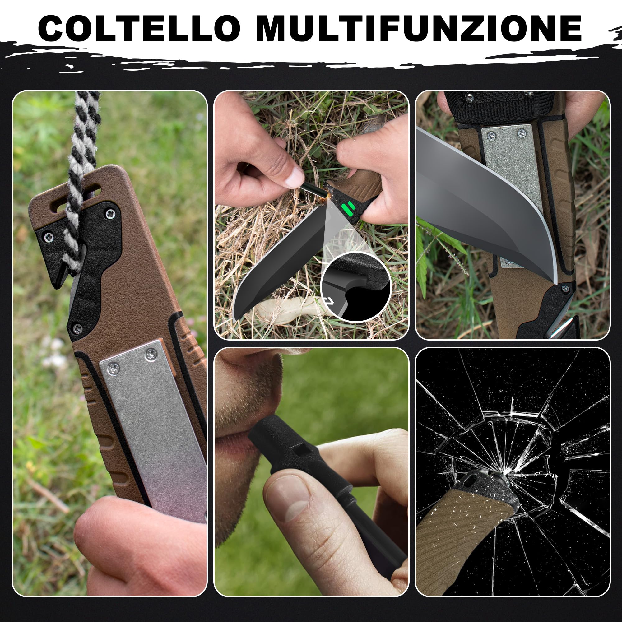 naifu® - The Hunter X - MARONNE - Coltello sopravvivenza a lama fissa da 12 cm in acciaio inossidabile - Coltello da caccia - Sopravvivenza - Bushcraft - Accendino e affilatore inclusi