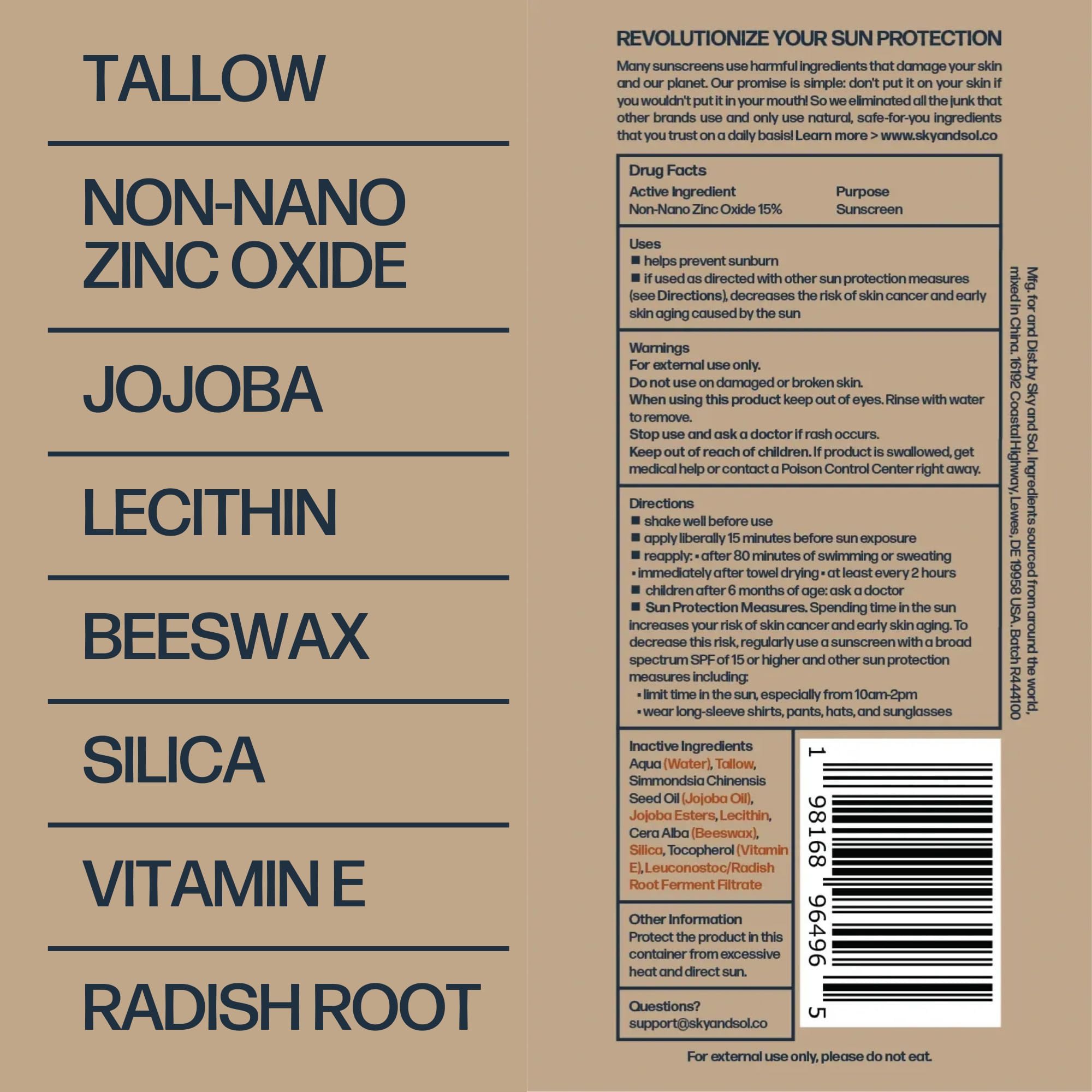 Sky and Sol Natural Mineral Sunscreen SPF 30 3 oz: Natural Tallow & Zinc Oxide, Reef Safe, Water Resistant, Fragrance-Free, Non-Greasy Formula for Face and Body