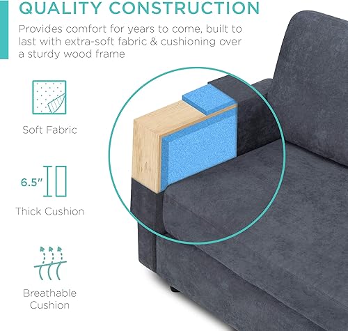 Miniatura 6 de Best Choice Products - Sofá modular de lino para el hogar dormitorio habitación espacios compactos con asiento mullido alargado 3 asientos diseño en