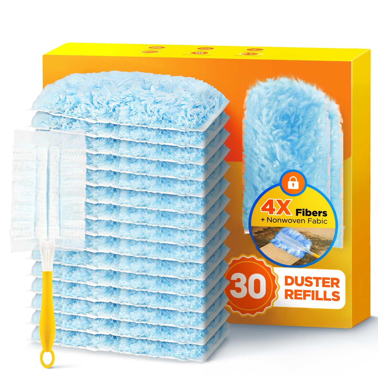 Photo 1 of 30 Count Duster Refill for Swiffer Duster with 1 Handle, One-Sided Disposable Dusters Refills with 4X Microfibers, Unscented Dusters for Cleaning Home, Furniture, Blinds & Vent