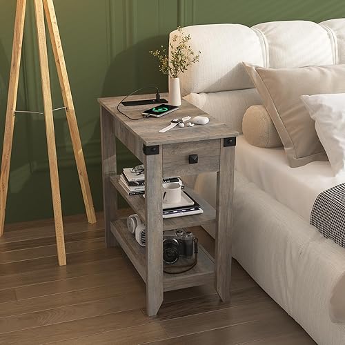 Miniatura 9 de Fameill Mesas auxiliares para sala de estar, juego de 2, mesa auxiliar estrecha con estación de carga, mesita de noche pequeña para espacios