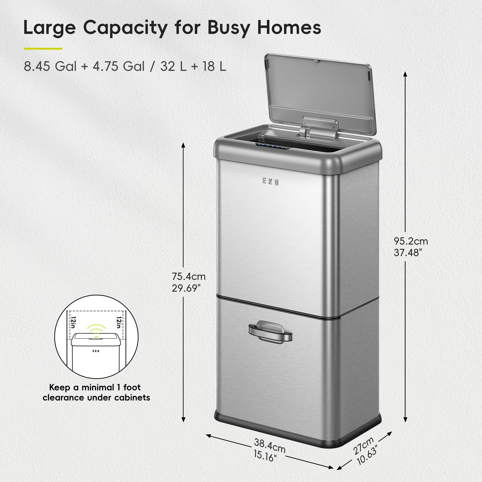 EKO Poubelle de cuisine vintage avec détecteur de mouvement, double compartiment de 32 L + 18 L, en acier inoxydable, sans contact, poubelle de recyclage automatique avec couvercle pour la maison ou
