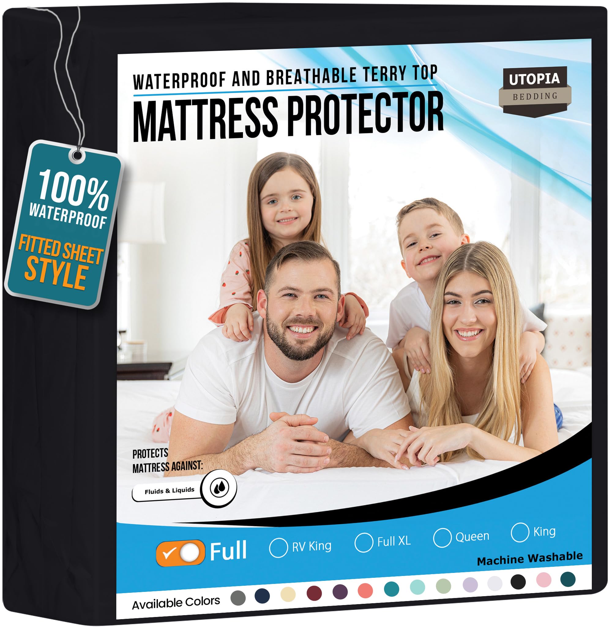 Utopia Bedding Waterproof Mattress Protector Full Size, Premium 200 GSM Terry Mattress Cover, Soft & Breathable Bed Cover, Fitted Sheet Style with Stretchable Deep Pockets 15" (Black)