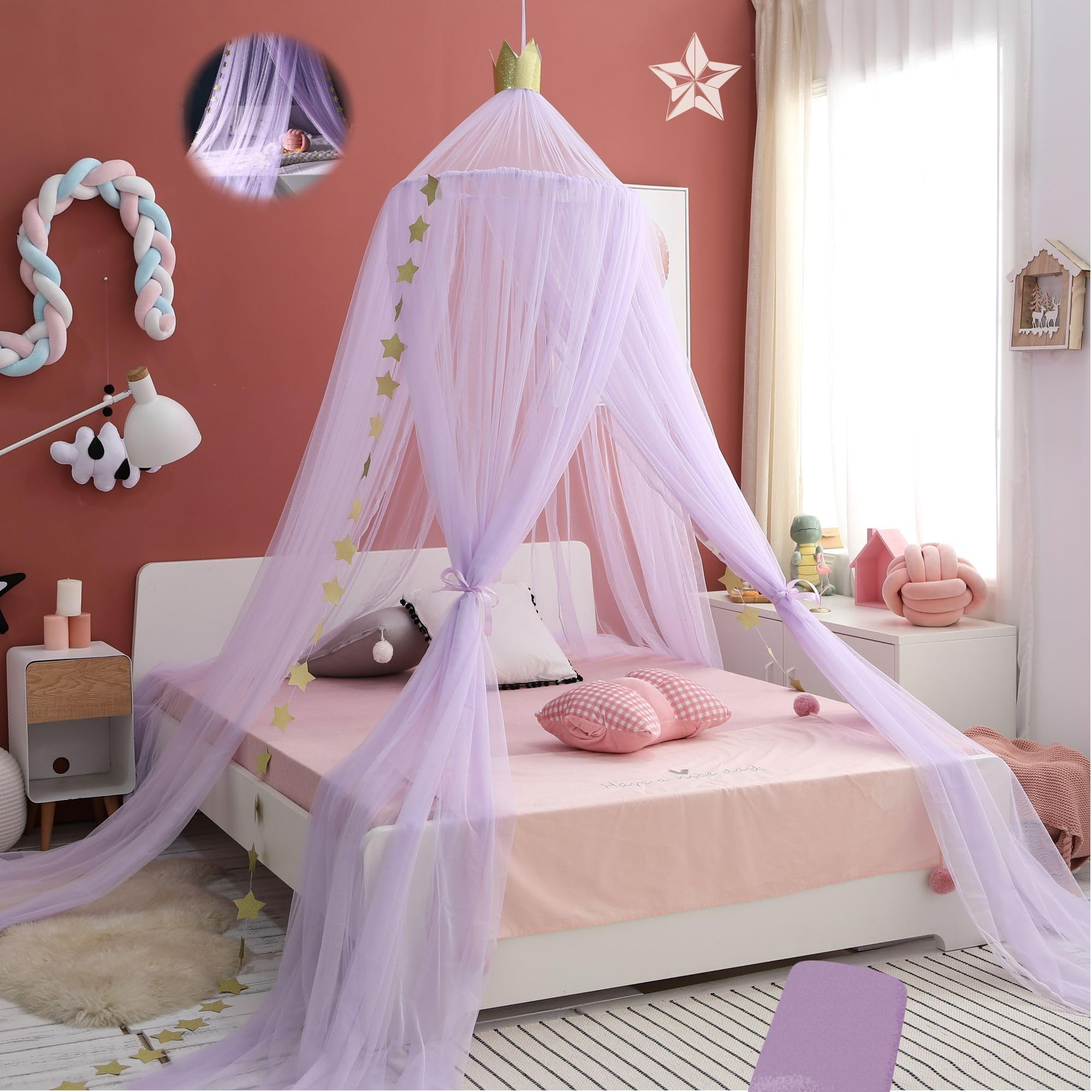 QXWREL Bed Canopy Girls Mosquito Net Canopy Dreamy Princess Tent Hanging Dome Chiffon Yarn Canopy Net Room Decor for Kids Teenager (Purple)