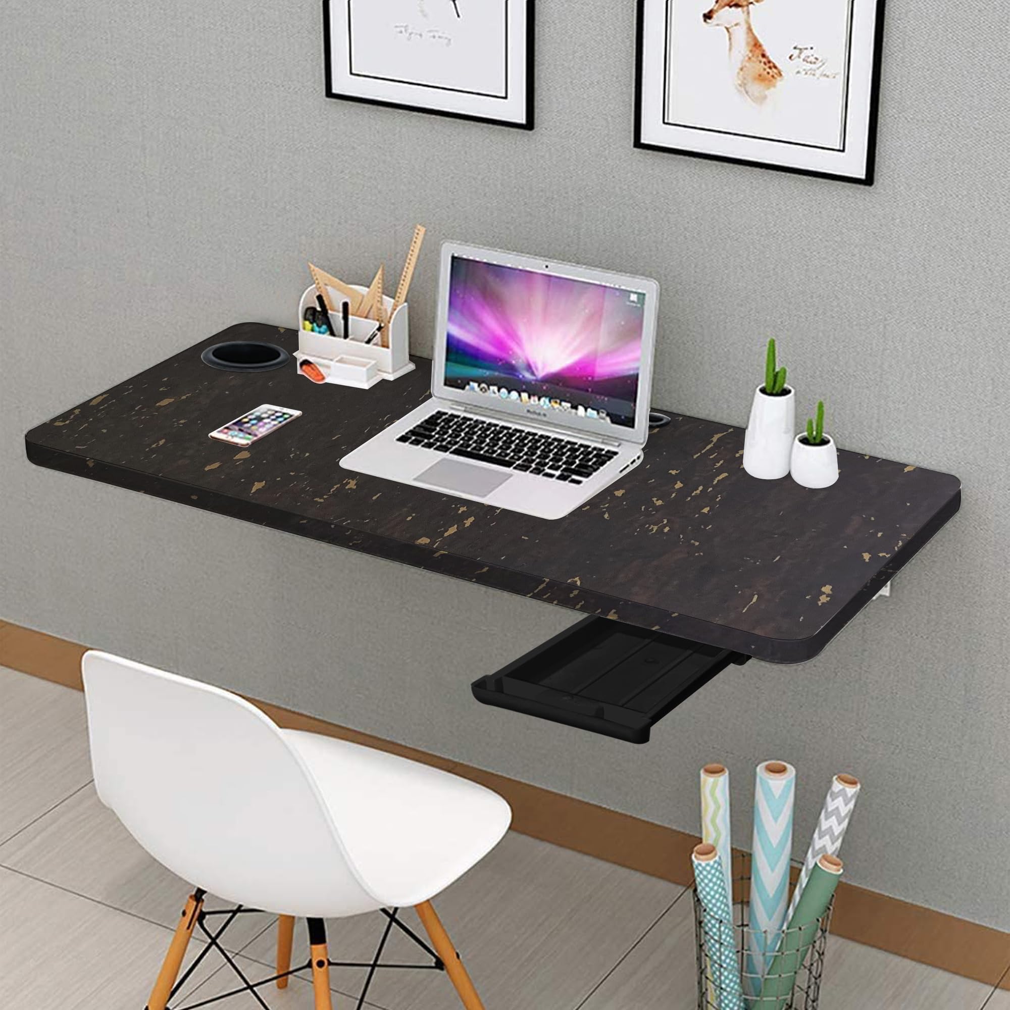 Torche 18x31 Inch Wall Mounted Folding Round Corner Study Table with Drawer & Cup Holder—Foldable Laptop Desk for Home & Office, Space-Saving & Stylish