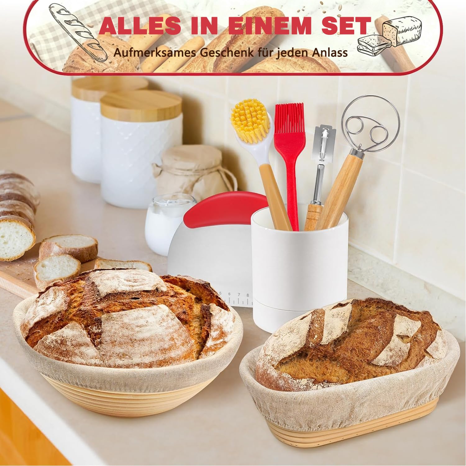 Sauerteig Starter Set, Gärkorb Brot Set mit 2 Gärkörbchen (23cm Runde & 25cm Ovale), Rattan, 1000ml Glasgefäß zur Sauerteiggärung, inkl. Teigschaber, Leineneinsatz, Brotschaber & mehr
