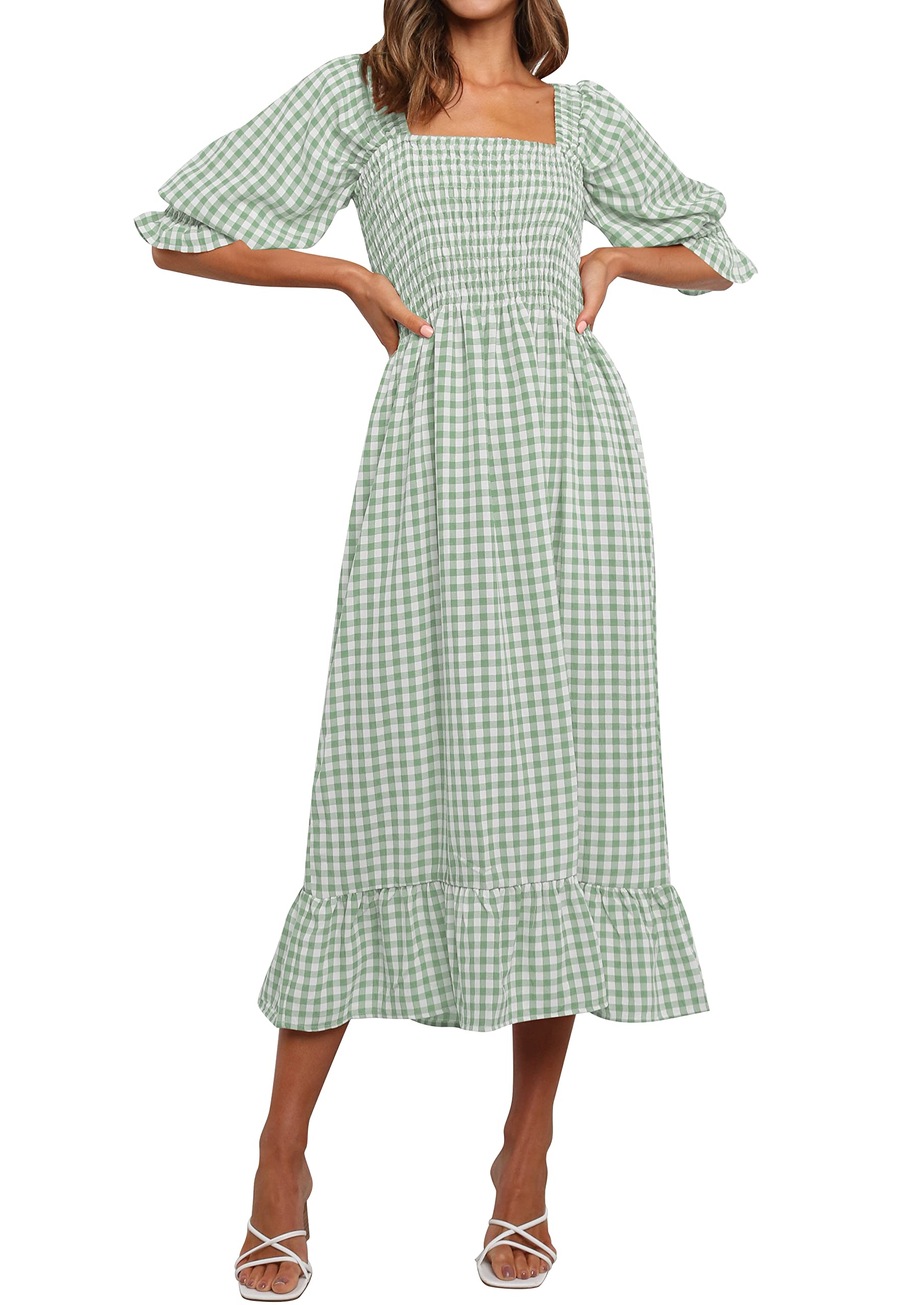 ZESICA Women's Summer Casual Plaid Square Neck Puff 3/4 Sleeve Backless Smocked Ruffle Swing Midi Dress