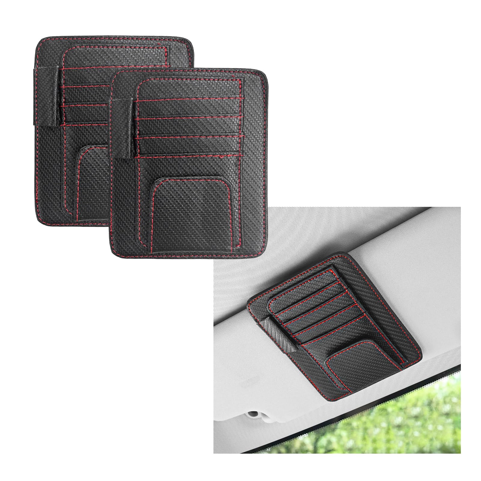Yourkar 2 PCS Small Car Sun Visor Organizer, Soft Leather Sun Visor Storage Holder with Multi-Pockets, Small Pouch Glasses Cards Tickets Pen Organizer Clip for Trucks (Carbon Fiber Red)