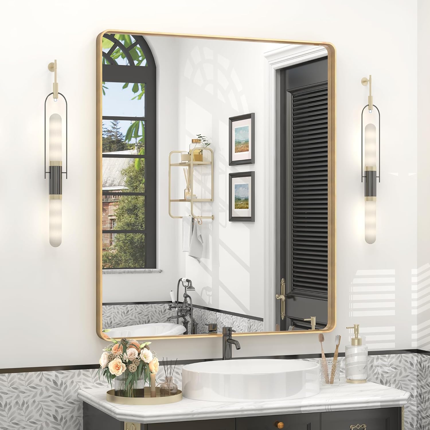 30x36 Gold Framed Bathroom Mirror, Brushed Gold Metal Vanity Mirror, Gold Rectangle Mirror for Wall, Rounded Corner, Tempered Glass, Anti-Rust, Shatterproof, Hangs Horizontally or Vertically 36"L x 30"W Gold