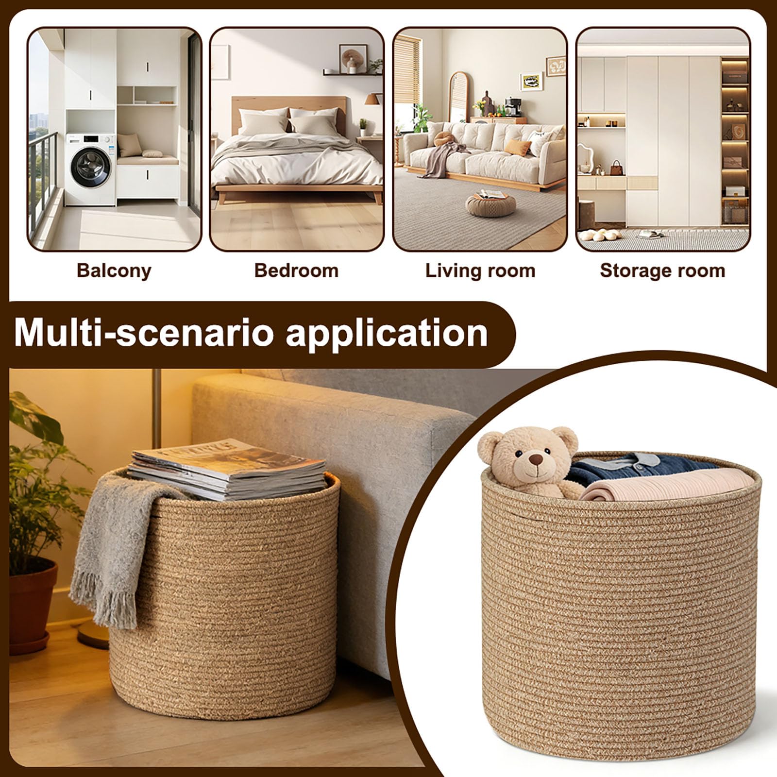 LUPATDY Cestino Portaoggetti in Corda di Cotone, Cesto Portabiancheria 40x35 cm con Manici, Cesto Organizzatore per Giocattoli, Abiti, Coperte, per Nursery, Soggiorno, Camera da Letto (Caramello) - 5