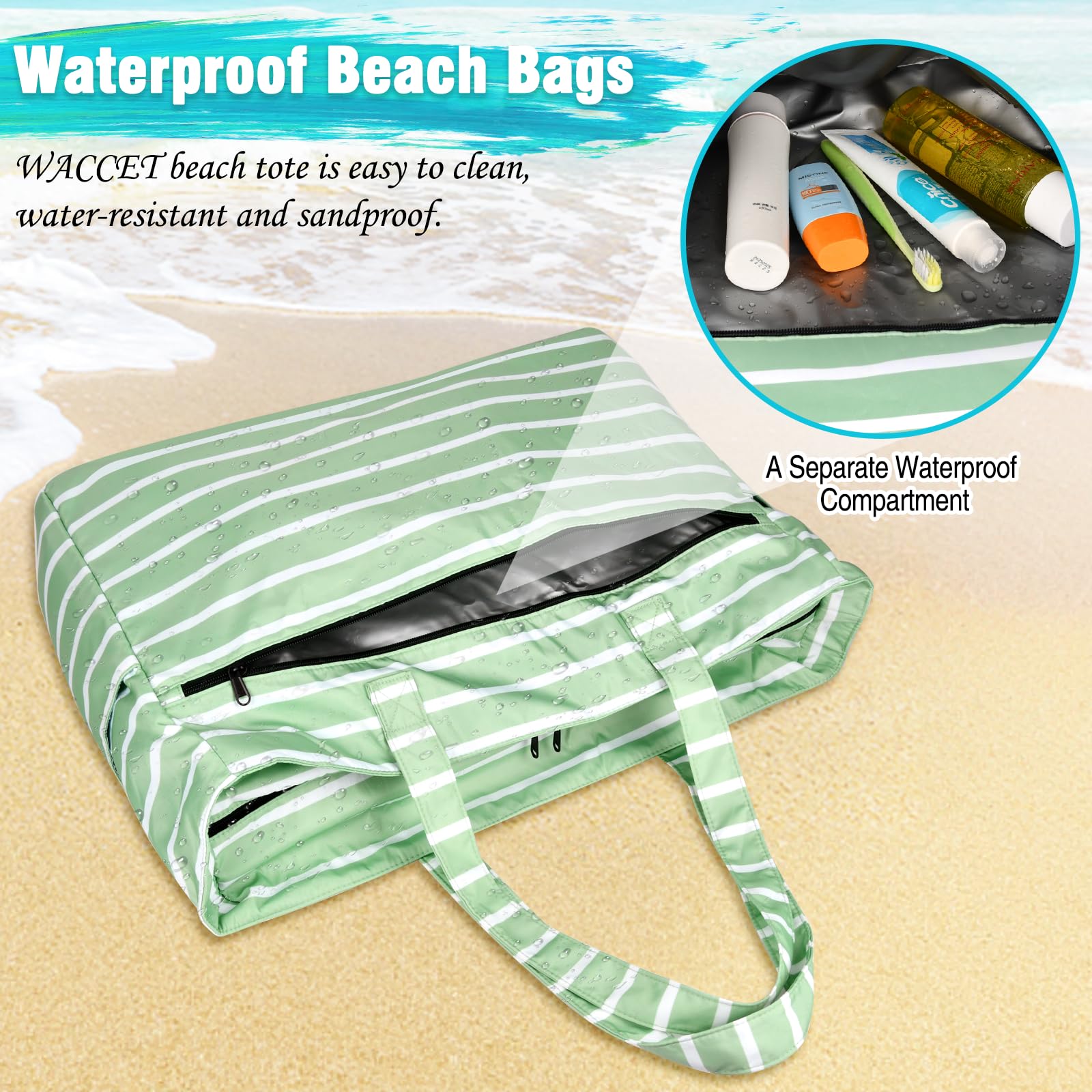 WACCET Borsa Mare Donna Grande, Borsa Spiaggia Donna Impermeabile con Zip Borse Mare Grande XXL Famiglia 50L Pieghevole Leggera Borse Beach Tote Bag per Spiaggia, Viaggio, Vacanza, Piscina