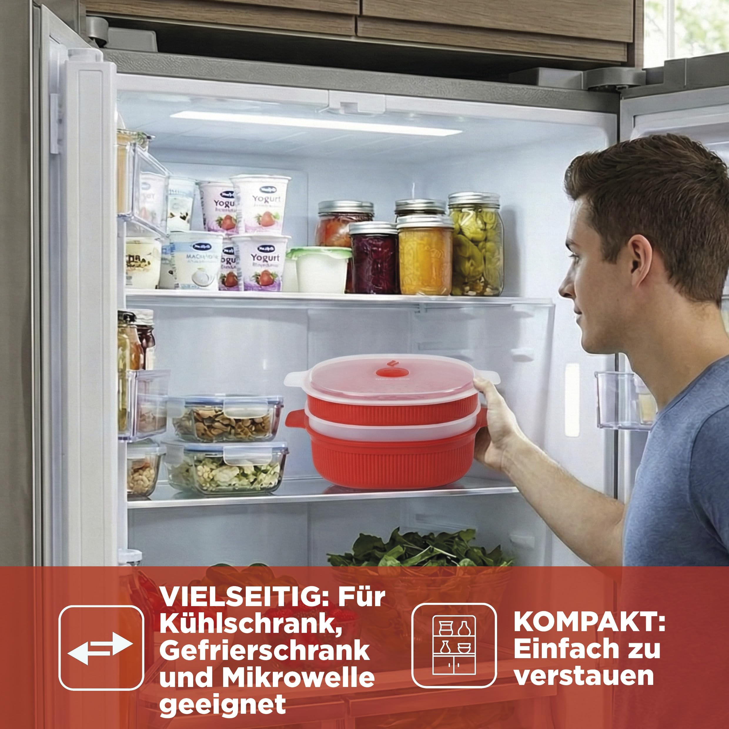 Snips - Dampfgarer für Mikrowelle Rot 4L, Microwave Mikrowellenschüssel mit 2 Tabletts - Mikrowellenbehälter Spülmaschinenfest Energiesparend und Schnelle Zubereitung, 26.5x22x13.5 cm, Made in Italy