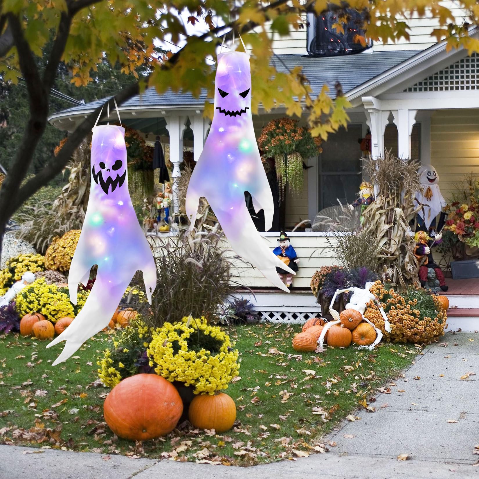 Herbst 2 unidades de decoración de Halloween, 140 x 57 cm, bolsas de viento colgantes, bandera fantasma, decoración de Halloween, decoración al aire libre para interior con diseño de cara de fantasma
