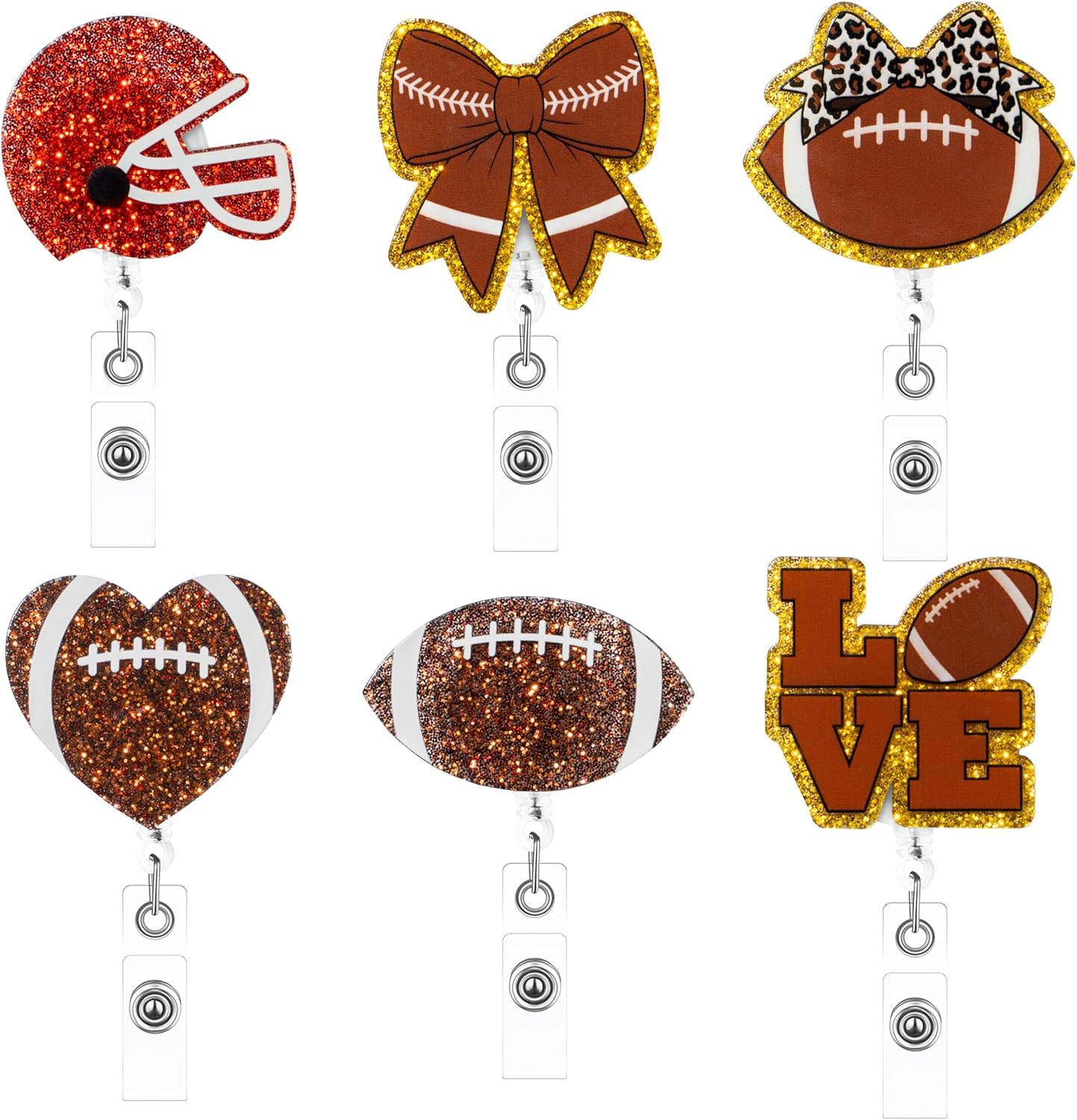 ANGOLIO Spring Football Badge Reel National Nurses Day 6 Funny Retractable Glitter Acrylic Cute Football Bow Badge Holders ID Holder Reels Clip for RN Nurses Doctors Medical Worker Student Teacher Fan