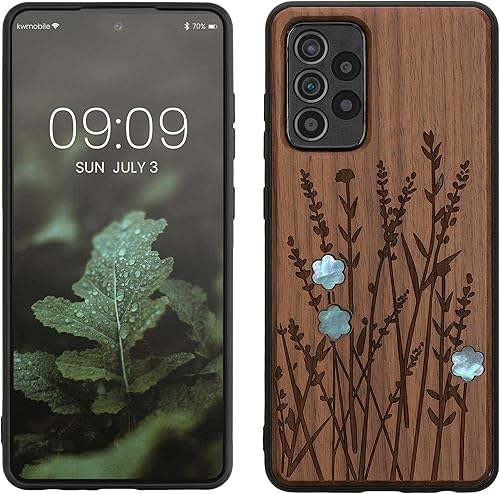 kwmobile Funda de madera compatible con Samsung Galaxy A52 A52 5G A52s 5G - Funda - Funda - Flores silvestres perla marrón oscuro