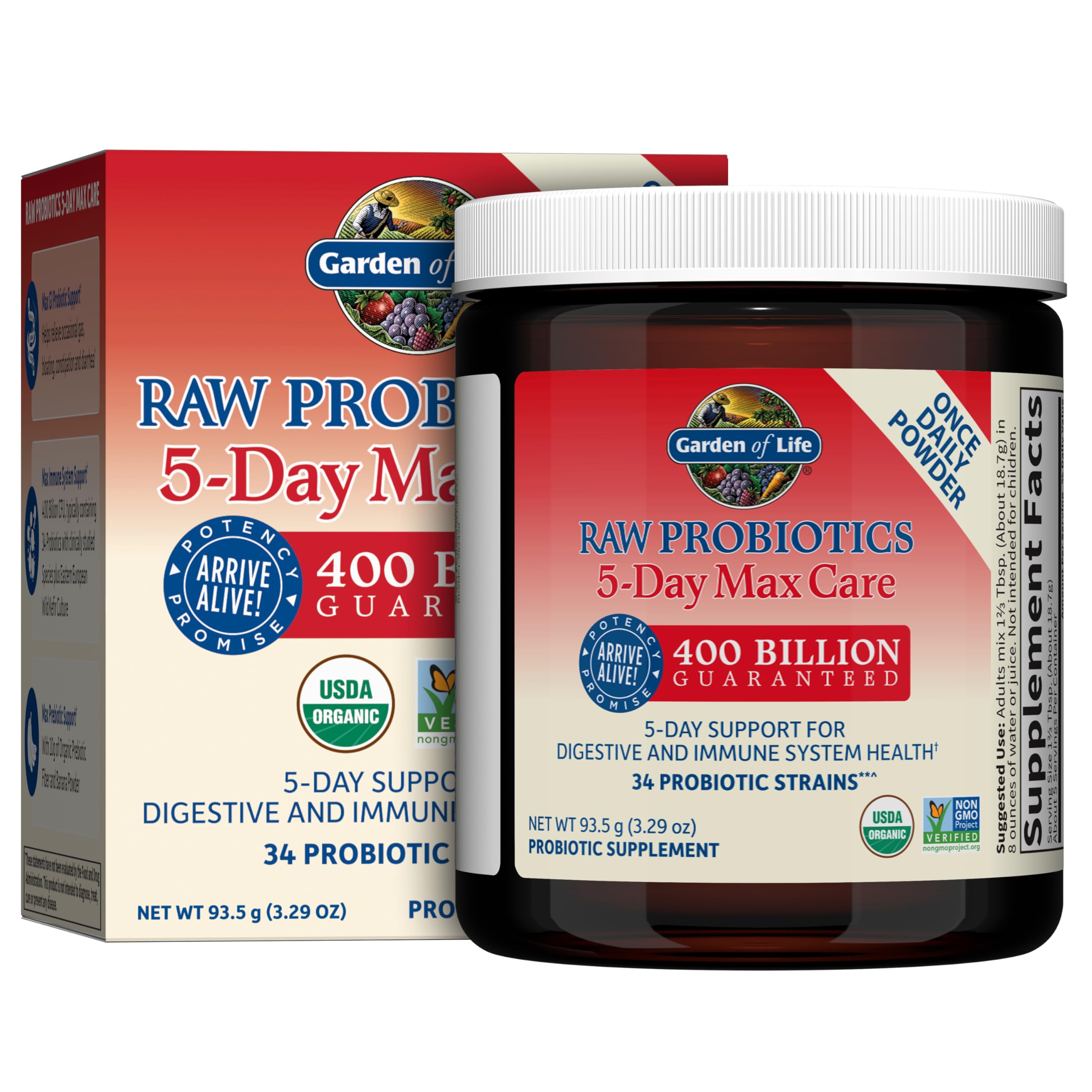 Garden of LifeOrganic Probiotic Powder for Women and Men - Raw Probiotics 5-Day Max Care 400 Billion CFU - Banana, High Bifido 5 Day Formula with Enzymes, Prebiotics for Digestive and Immune HealthUSDA Organic