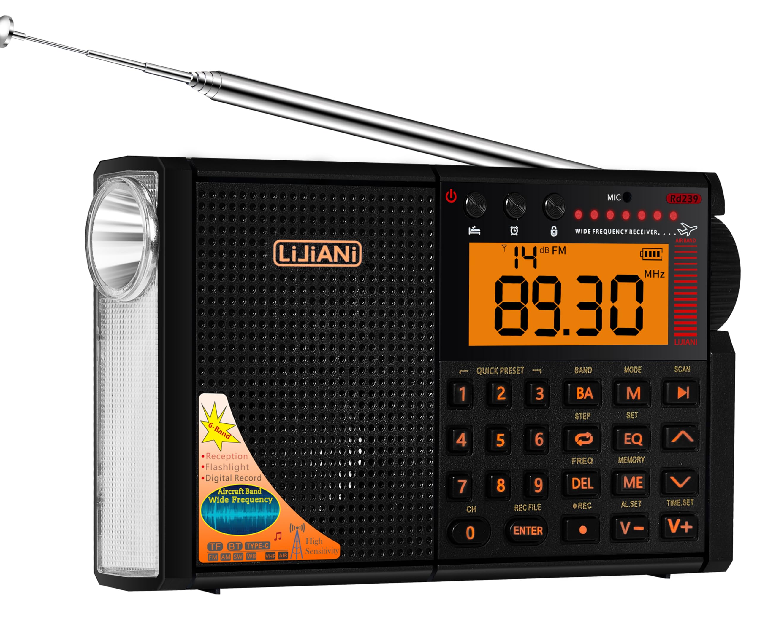Shortwave Radio AIR/VHF/AM/FM/SW/Weather Bands Transistor with Bluetooth/TF Card/Flashlight,Key Backlight, Digital Record, Alarm Clock,Sleep Timer,Powered by AA Battery