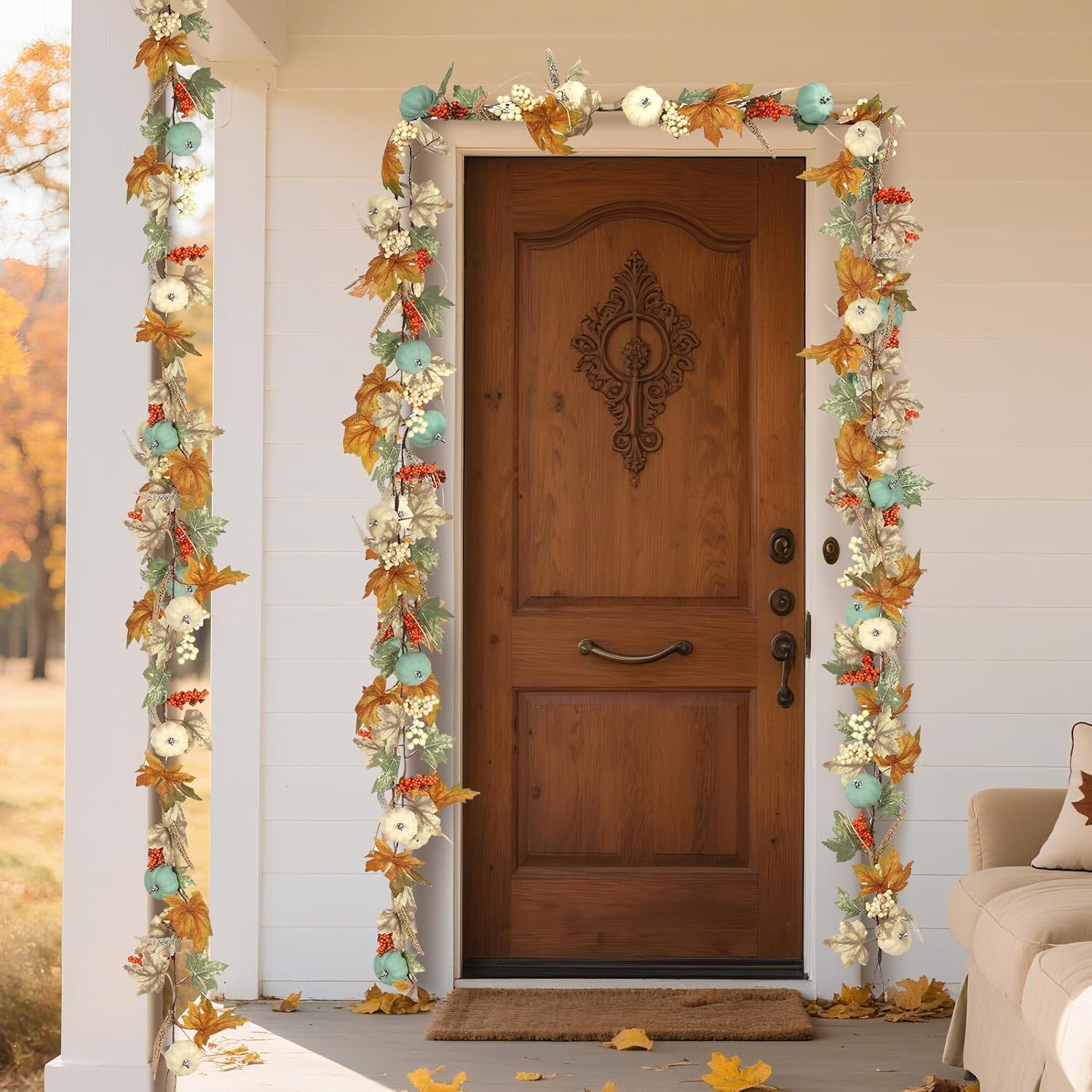 2PCS Fall Garland for Mantle, 5 ft, Artificial Autumn Leaves with White and Blue Pumpkins, Orange Berries, Farmhouse Fall Decorations for Fireplace, Front Door, Wall, Wedding, Thanksgiving