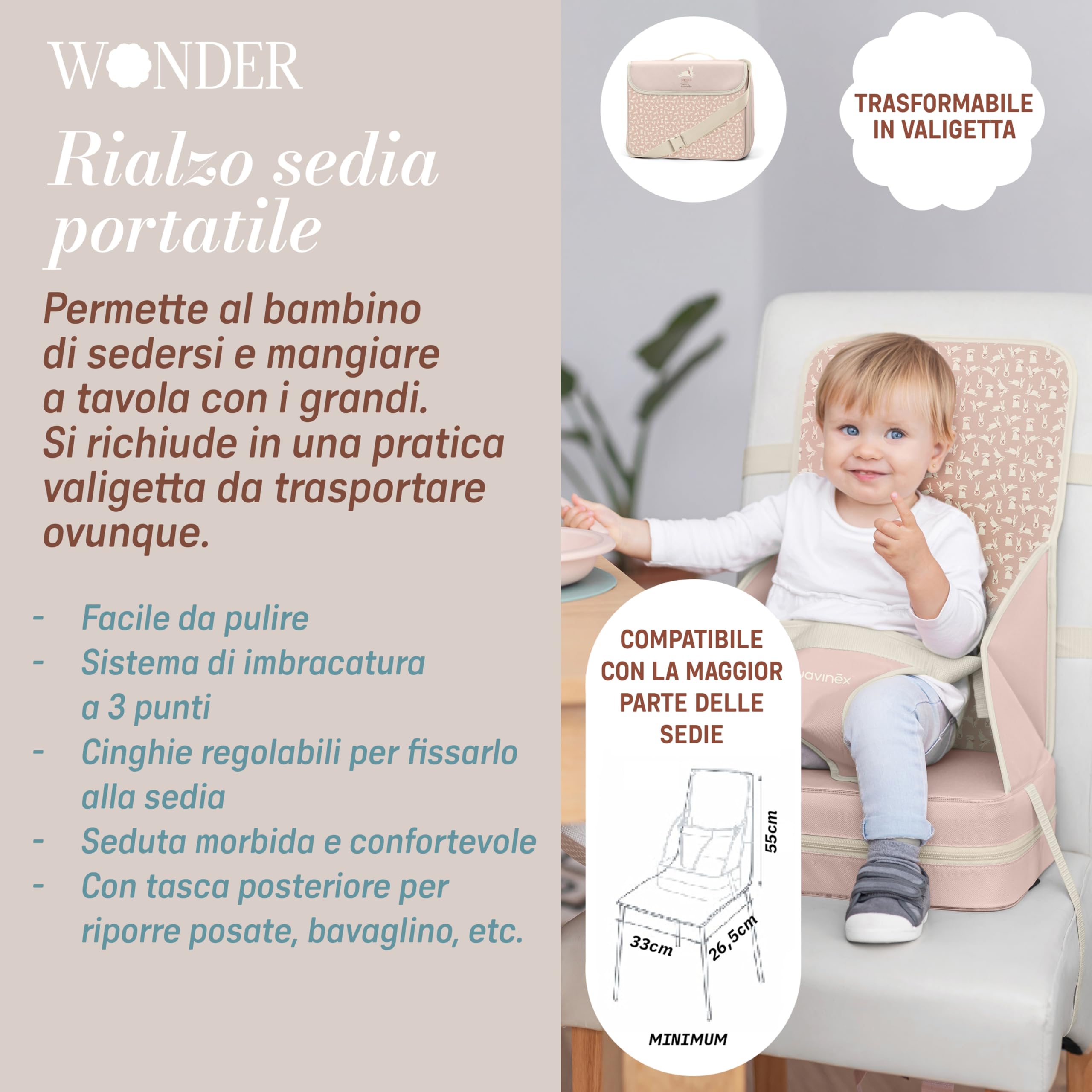 Suavinex, seggiolone portatile per bambini +6 mesi, rialzo per seggiolone, seggiolone universale trasformabile in borsa, facile da pulire, leggero, con imbracatura, morbido e con schienale, verde