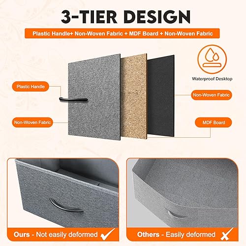 Miniatura 6 de Cómoda para dormitorio con 10 cajones, cómoda, unidad organizadora de cajones de almacenamiento, cómoda de tela ancha gris con contenedores de tela