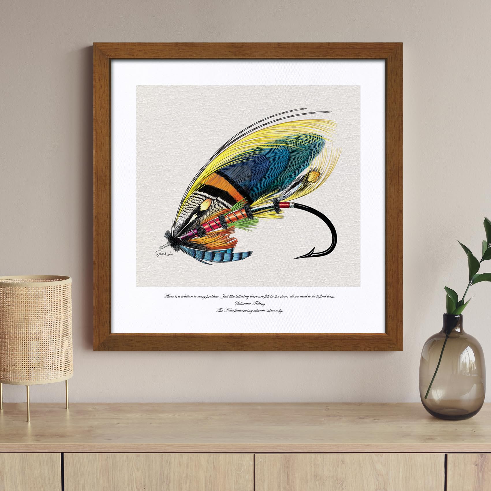 Framed Fly Fishing Art Print Lure Illustration Wall Decor for Anglers' Spaces Fishing - Themed Painting Poster Prints, Outdoor