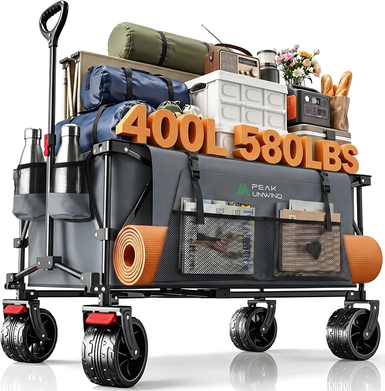 400L Folding Wagon Cart with Brakes & Removable Table, 500lbs Heavy Duty Collapsible Wagon, Big All-Terrain Wheels for Camping, Sports, Grocery, Outdoor - Gray