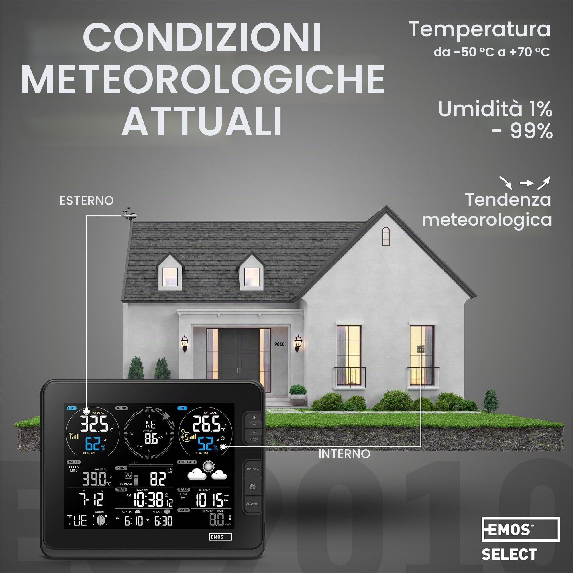 EMOS Stazione Meteo WIFI con anemometro e pluviometro - Sistema di Monitoraggio Wireless da Interni e Esterni - Monitora Ora, Data, Temperatura, Umidità, Pressione, Comfort e Indice di Calore