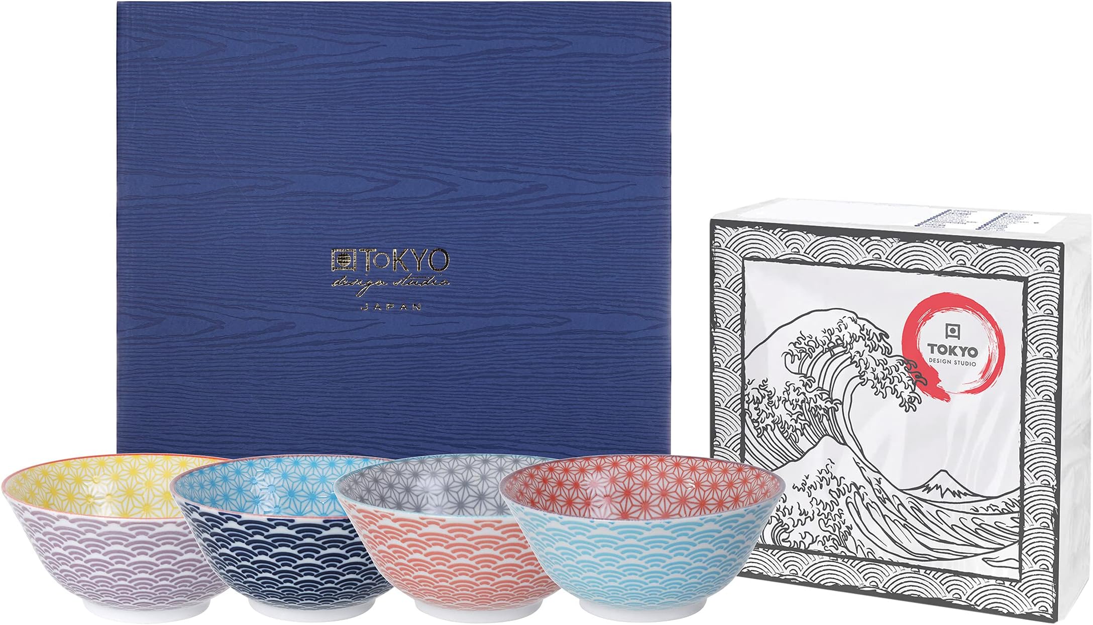 TOKYO design studio Star Wave set of 4 coloured bowls, ร 15 cm, approx. 500 ml, Asian porcelain, Japanese design with coloured patterns, incl. gift packaging