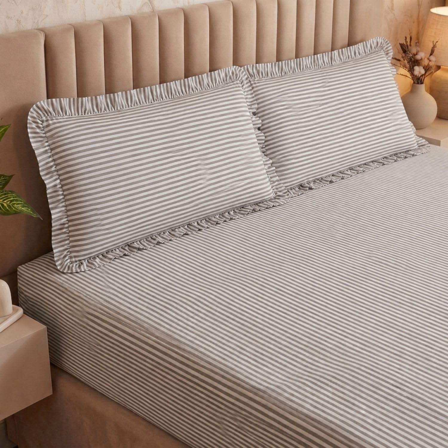 Dream Weaverz Fitted Bedsheet with 2 Frill Pillow Covers | Double & King Size 182x198 cm | 360° Elastic | Pinterest Aesthetic | Fits Upto 72 X 78 inch Mattress | Grey-image-27