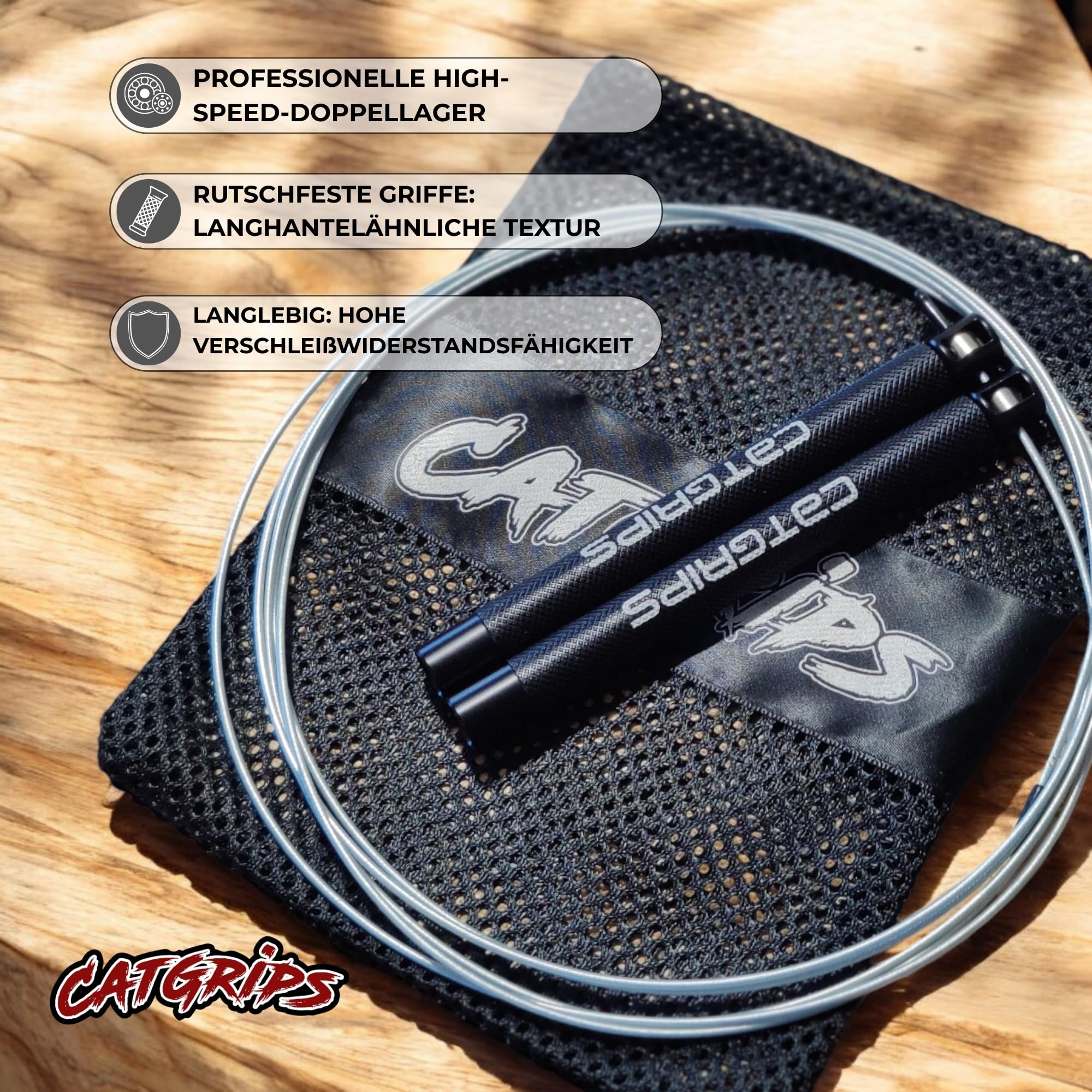 CATGRIPS Springseil Crossfit – Speed Rope aus Aluminium – Einstellbares Stahl Springseil mit Kugellager – Leichtes Seilspringen Profi für Gym und Boxen, Seilspringen mit Tasche & Ersatzteilen