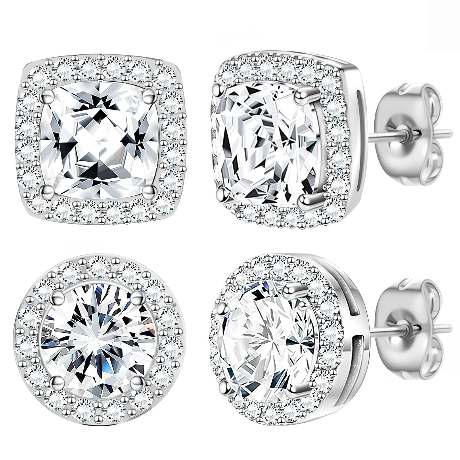 NEWITIN 2 Pairs Silver Stud Earrings for Women Hypoallergenic Earring Stainless Steel Inlaid Cubic Zirconia Studs Earring Diamond Halo Stud Earrings for Women Men