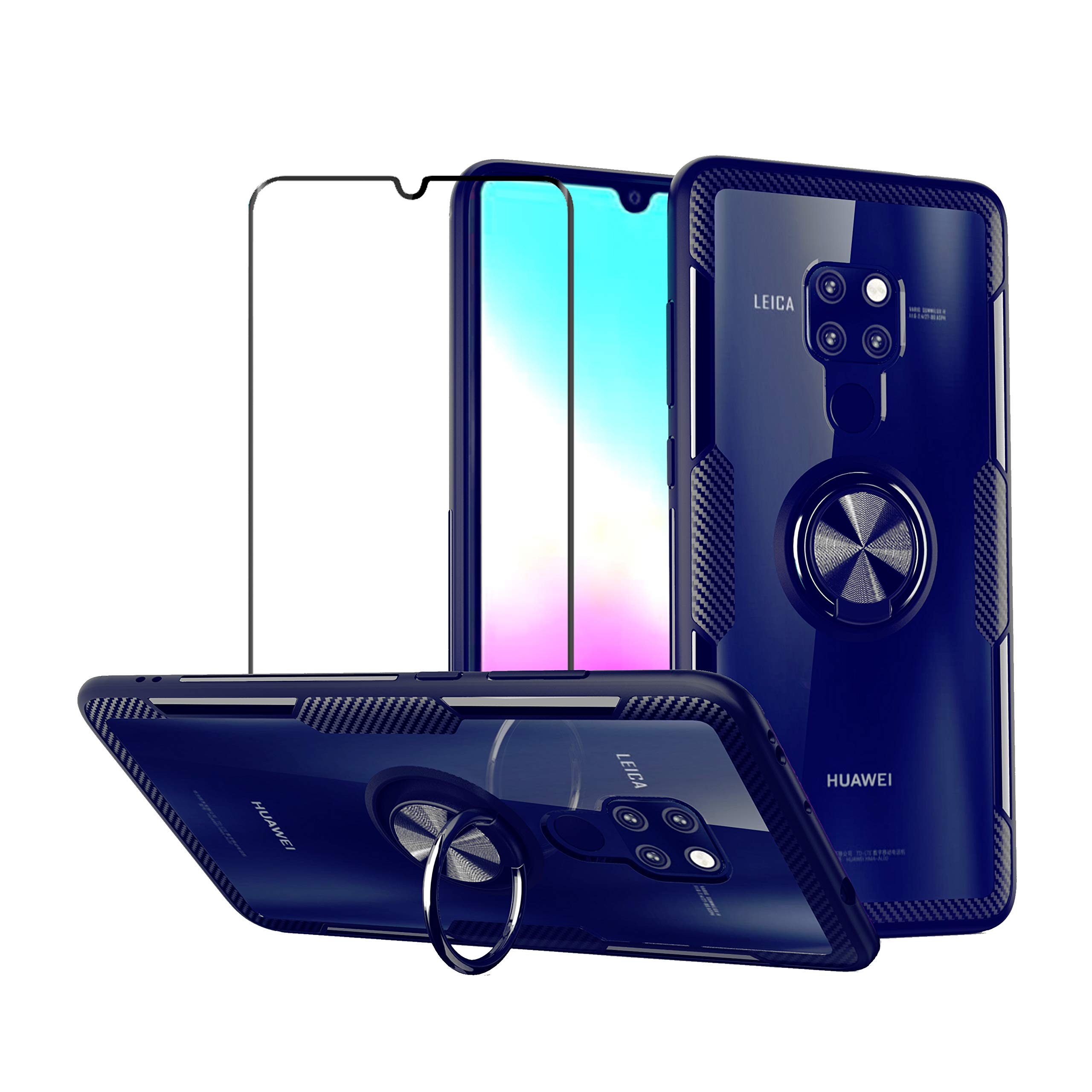 2ndSPringCase for Huawei Mate 20 with Tempered Glass,Slim Silicone Soft TPU Bumper Hard Transparent Back Cover Shell with Metal Ring Magnetic Kickstand,Blue