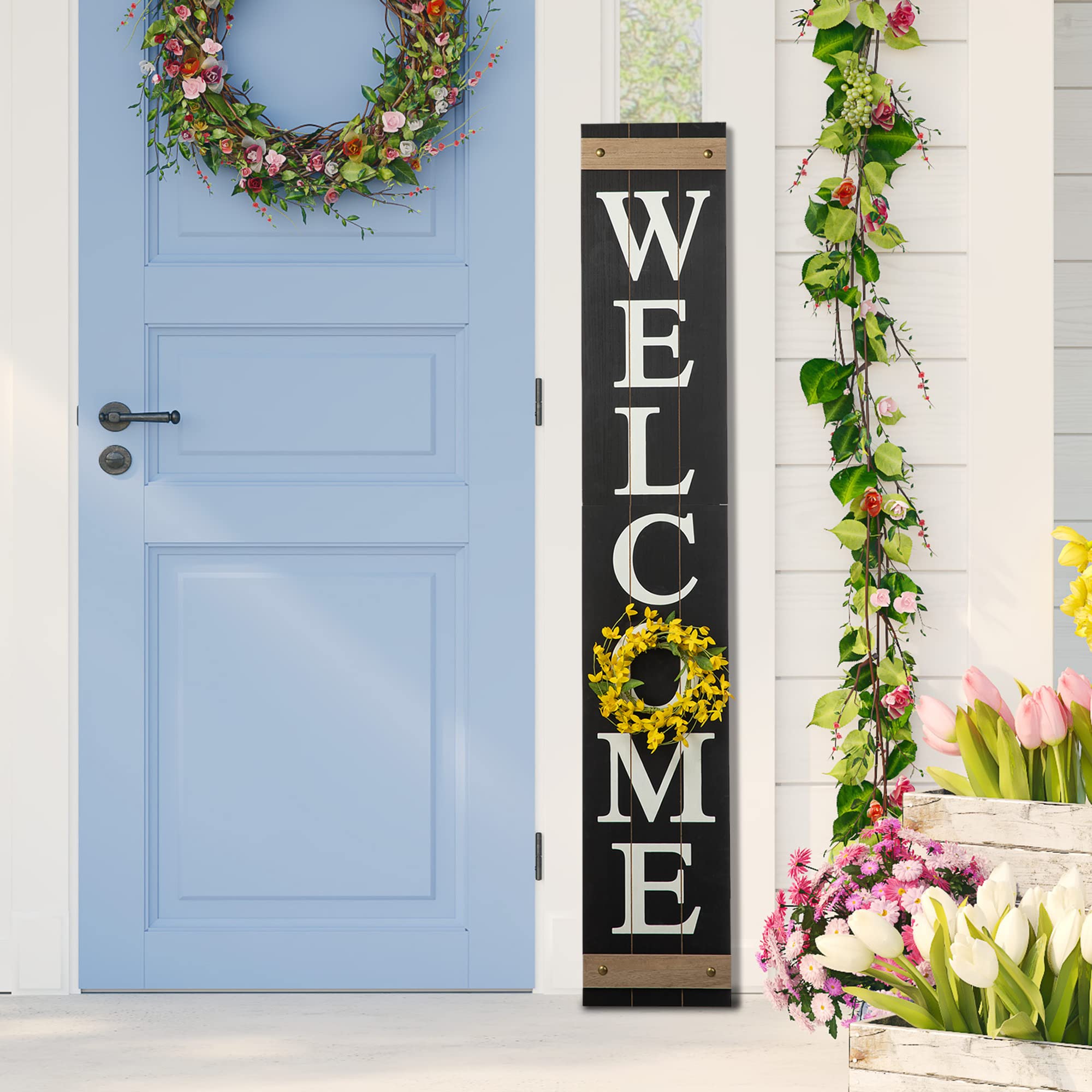 Glitzhome Welcome Sign for Front Door Porch, Farmhouse Wooden Hanging Wall Sign with 4 Interchangeable Floral Wreaths for Seasons Spring Summer Fall Harvest Thanksgiving Christmas, 60”H, Black