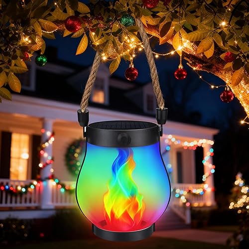 Solar Flame Lantern Hanging Outdoor Waterproof Purple - 2 Pack Flame Lanterns with Dual Charging Modes of Solar & USB for Garden or Yard Christmas Decorations (Warm White - 2 Pack)(Multicolor - 1 Pack)