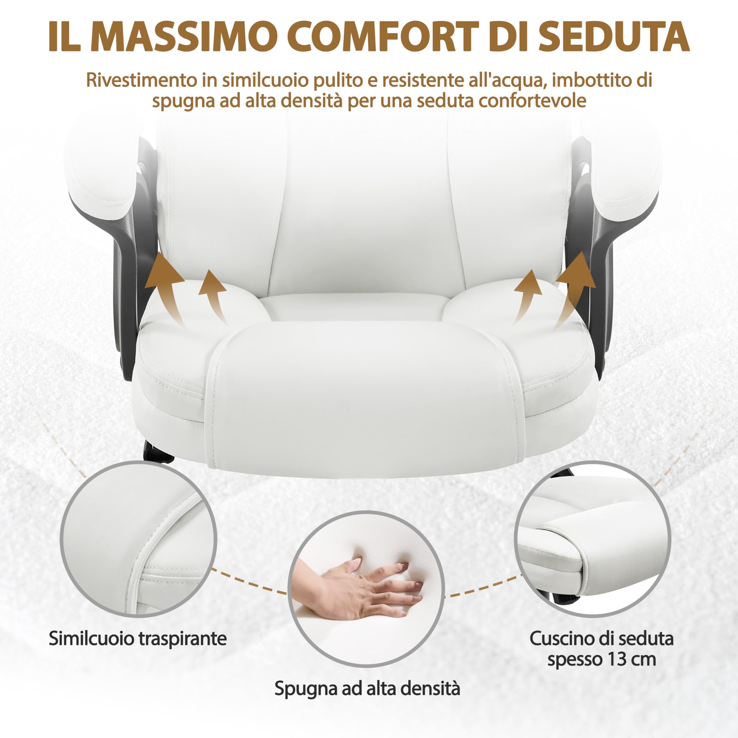 Yaheetech Poltrona Ufficio Ergonomica Presidenziale in Finta Pelle Bianca Imbottita Sedia da Scrivania a Rotelle Girevole Reclinabile a Dondolo Altezza Regolbile